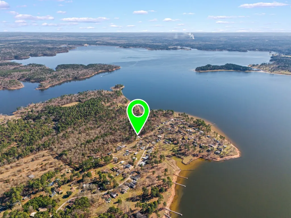 Aerial perspective of a prominent peninsula with extensive waterfrontage