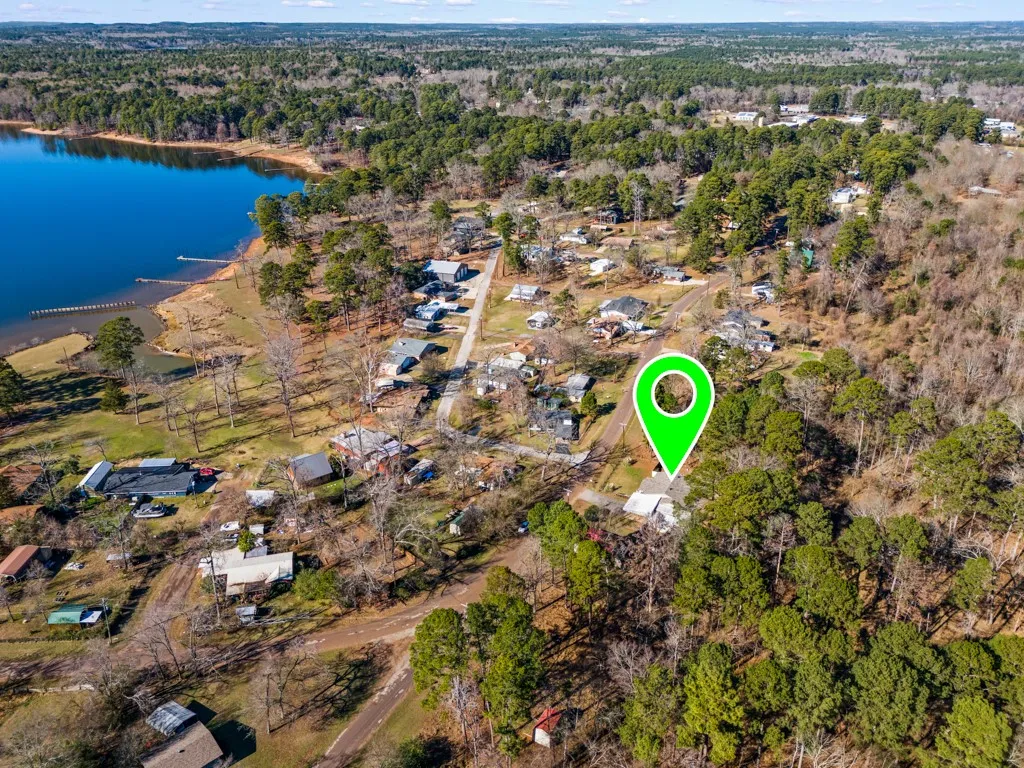 Aerial perspective highlighting a tree-lined property and its proximity to a substantial body of water