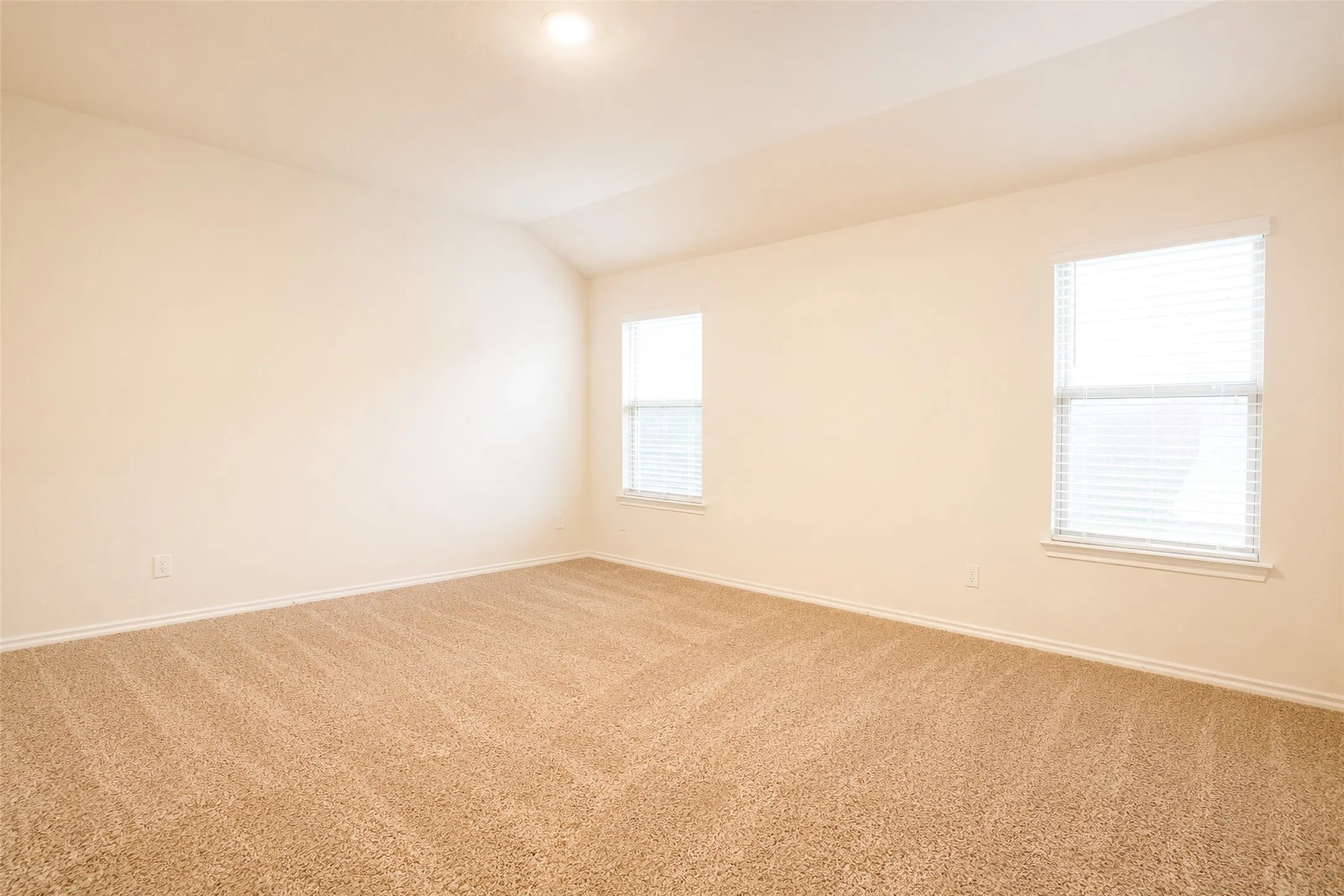 Spacious room featuring vaulted ceilings, light tan walls, and a new brown carpet