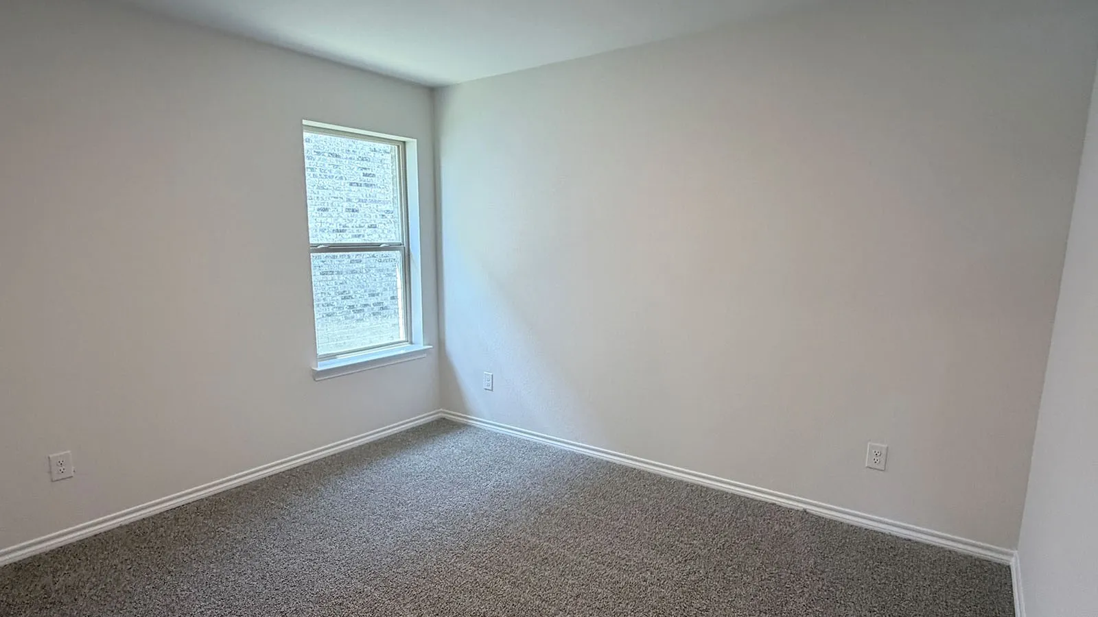 Bright corner bedroom with natural light from double-hung window, neutral wall finishes, and neutral-tone carpeting throughout