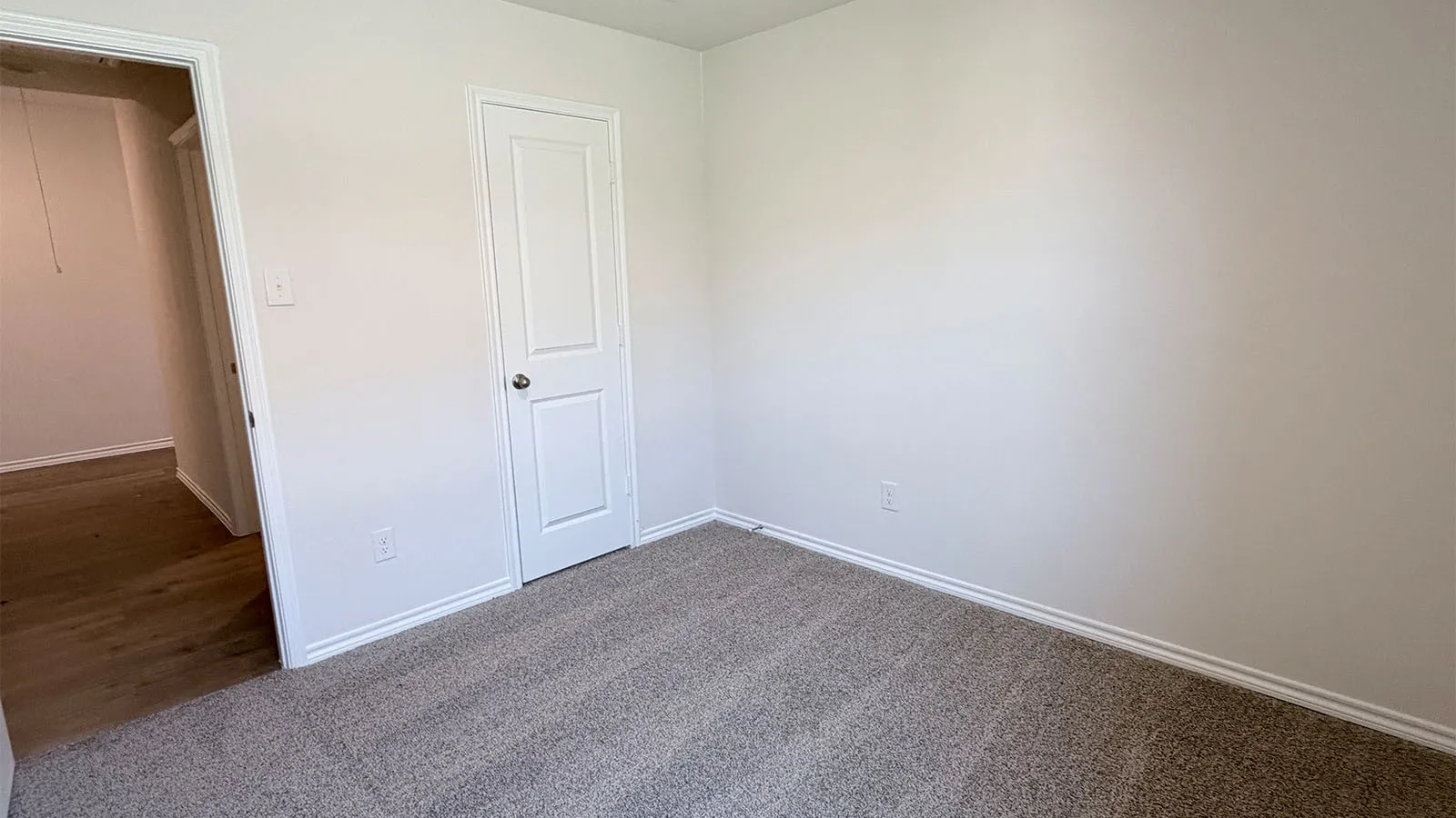 Bright secondary bedroom featuring neutral wall finishes, carpeted flooring, and dual closet access including a white six-panel door and wood-finish entry