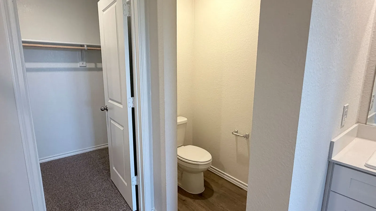 Walk-in closet with carpet flooring and single hanging rod