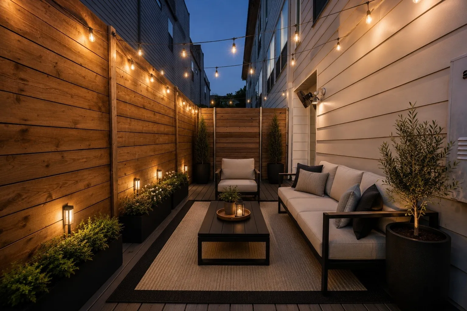 Private outdoor patio featuring wood fencing, integrated planter boxes with uplighting, overhead string lighting, and wood-finish decking