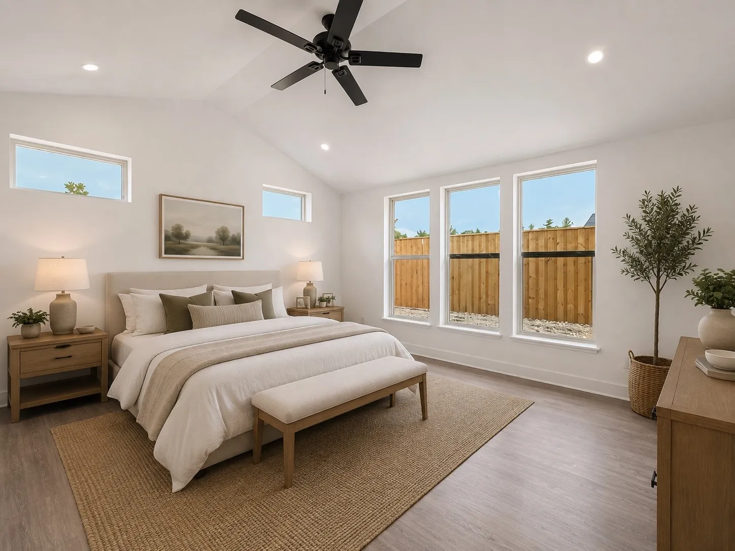 Vaulted ceiling with a ceiling fan, three large windows, two transom windows, wood-finish flooring, and recessed lighting
