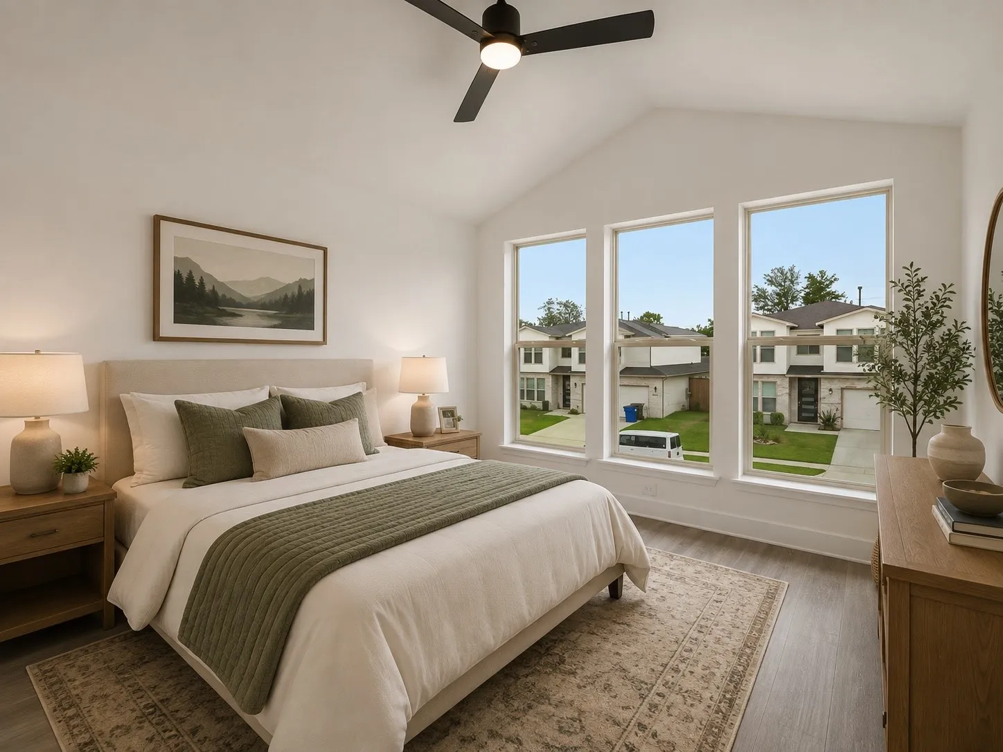 Vaulted ceiling with a black ceiling fan, three expansive windows, wood-finish flooring, and a beige upholstered headboard