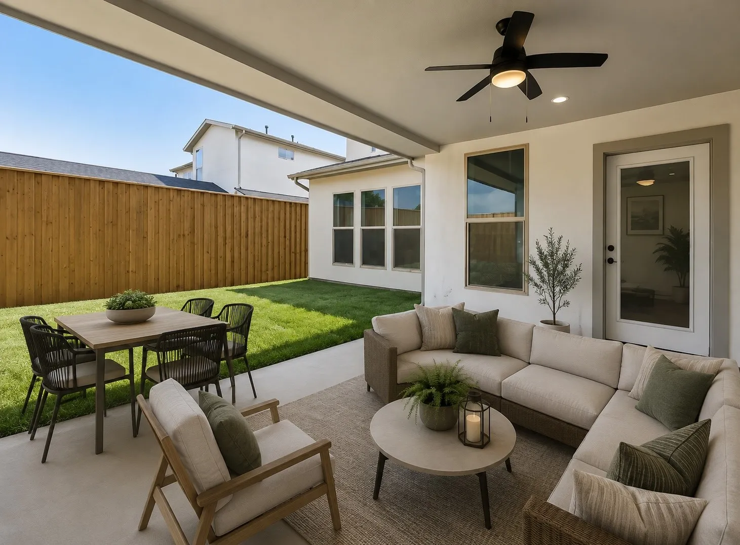 Covered patio featuring a ceiling fan, recessed lighting, and a glass-paneled door