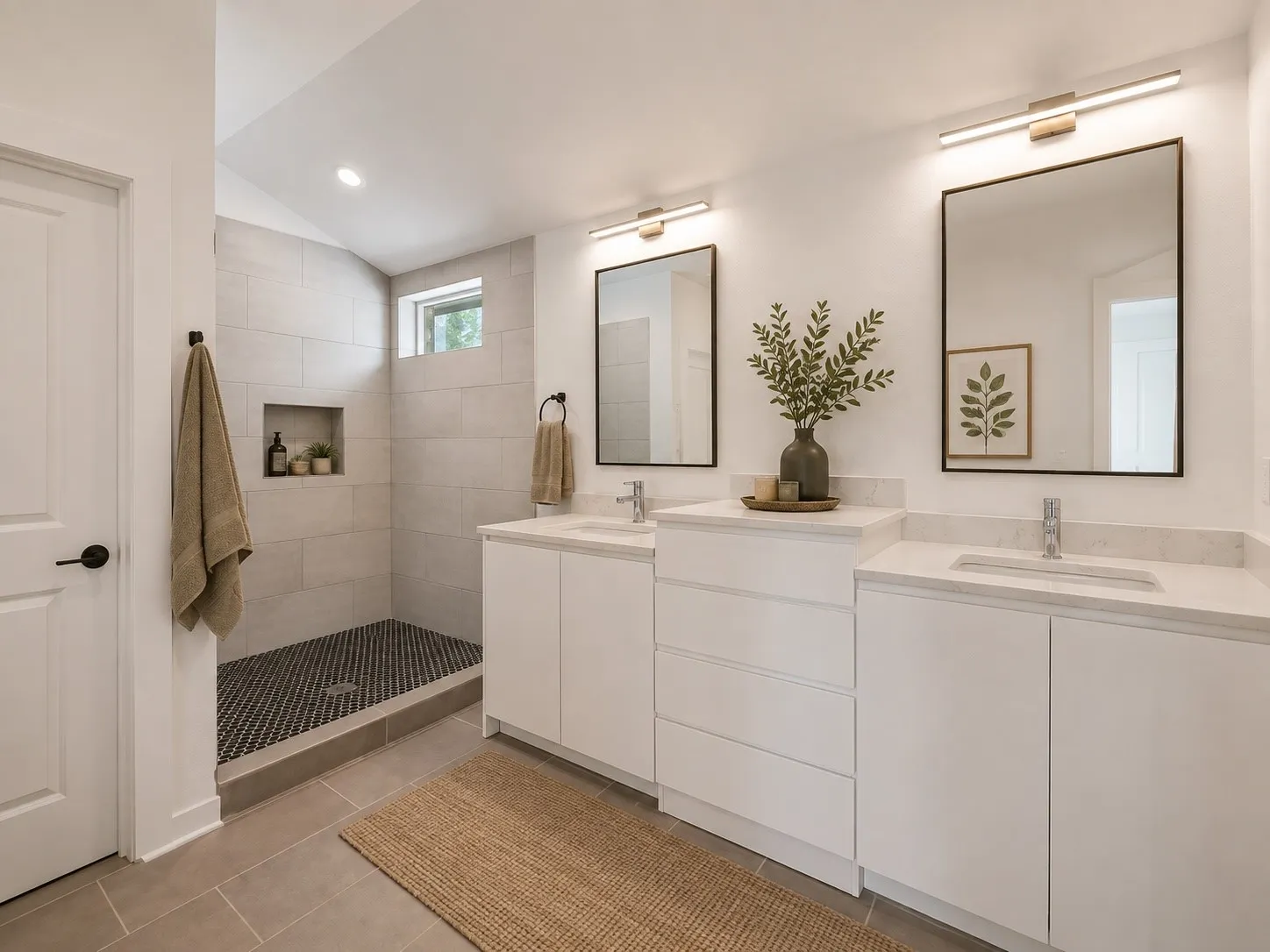 Dual vanity with stone countertops and undermount sinks
