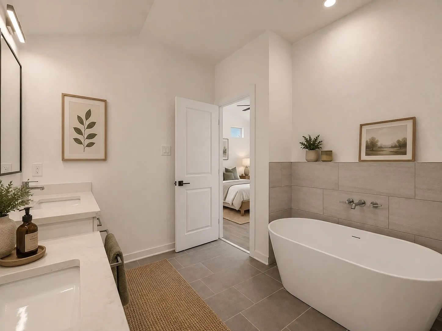 Dual vanity with undermount sinks, quartz countertops, and brushed nickel fixtures