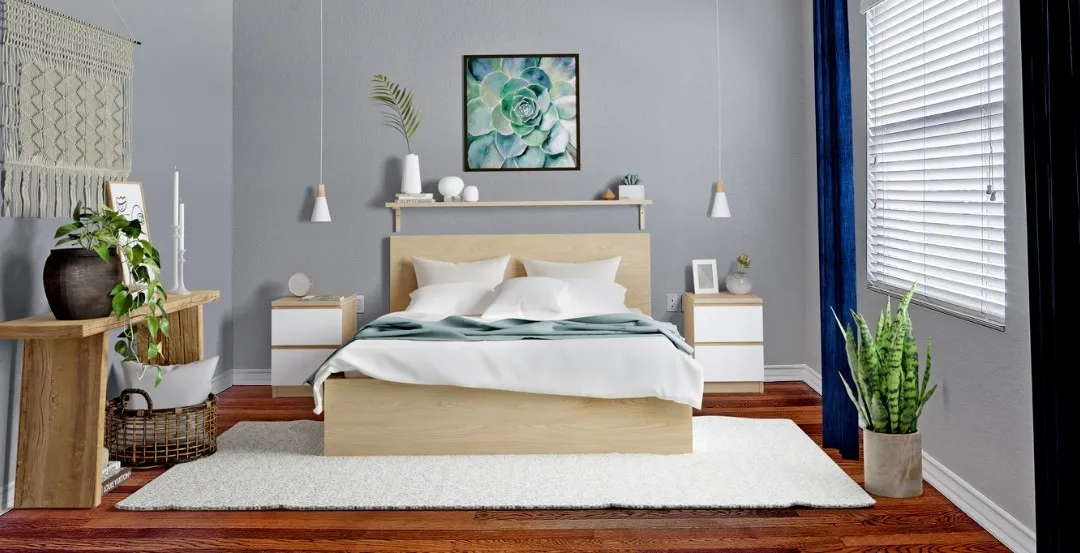 Bedroom featuring rich wood-finish flooring and light gray painted walls (virtually staged)