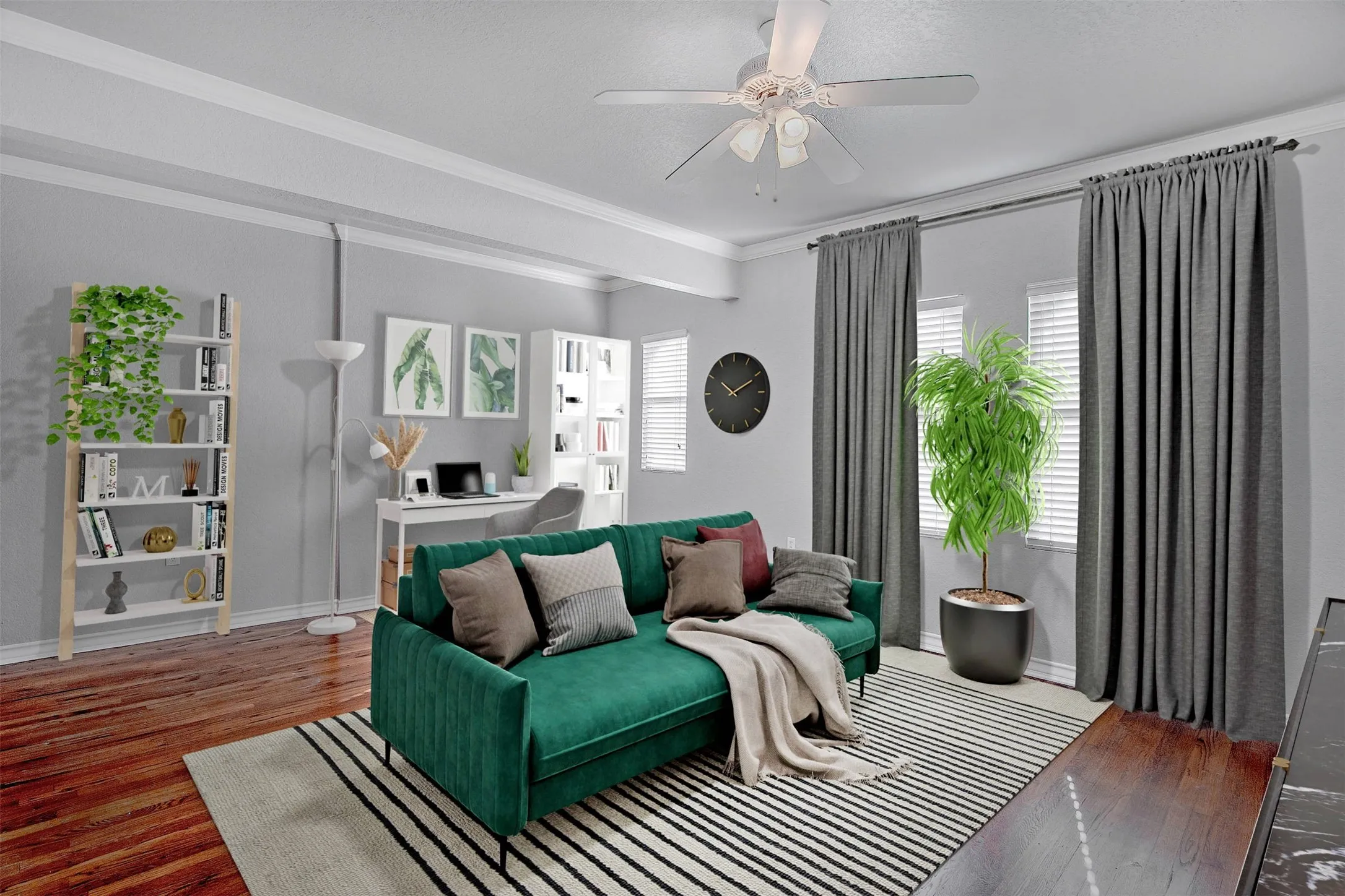 Living area featuring wood-finish flooring, white walls, and crown molding (virtually staged)