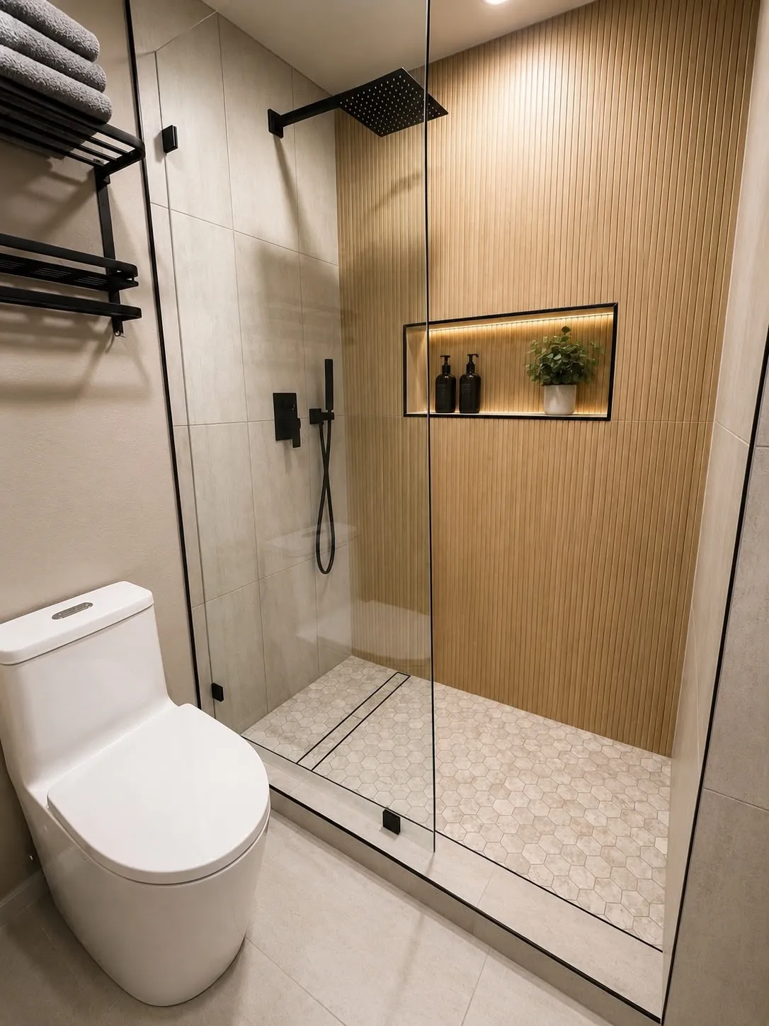 Contemporary shower enclosure featuring a frameless glass door, black matte fixtures, and a recessed niche with integrated lighting