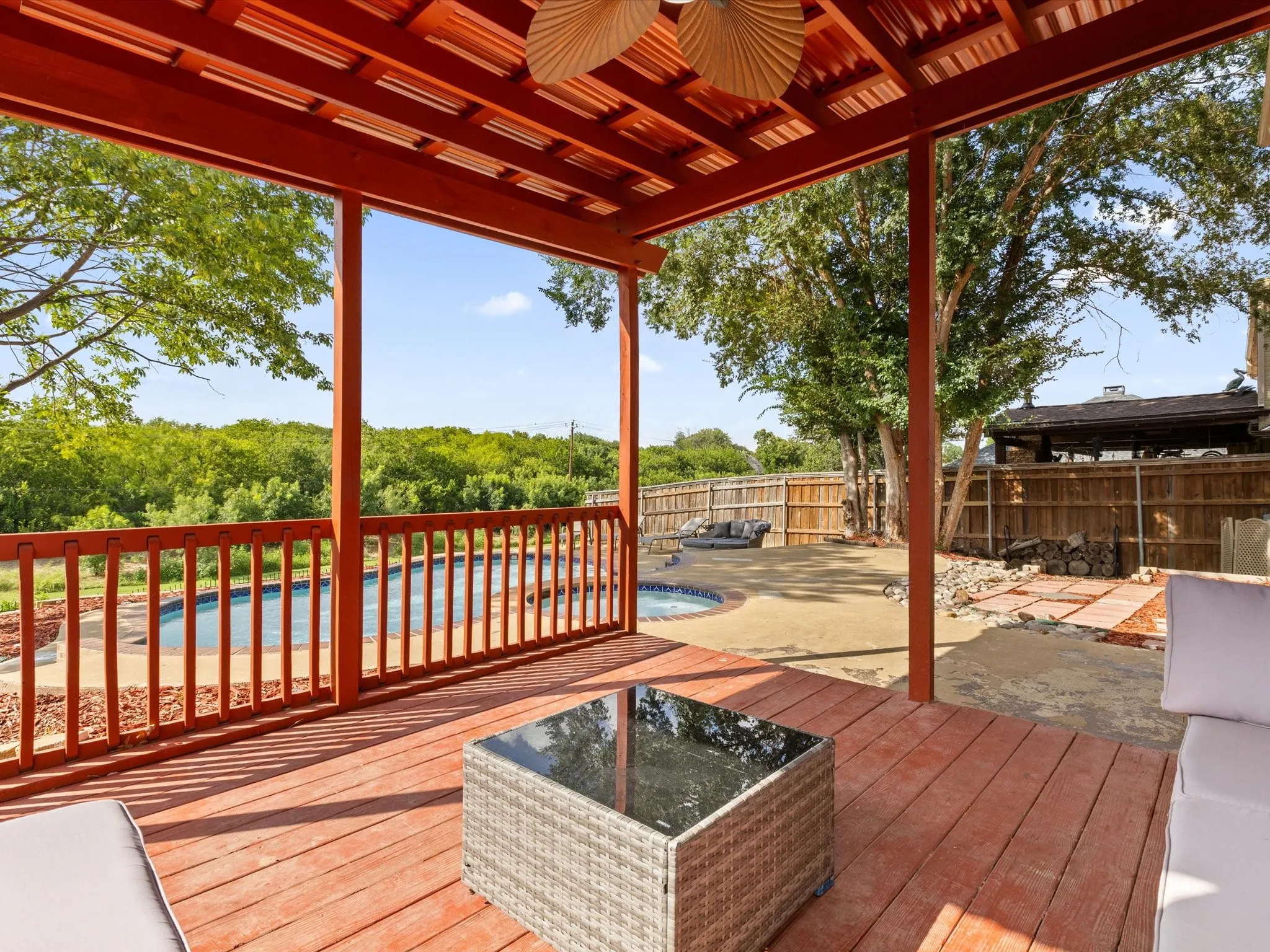 Deck featuring a fenced backyard and a patio area