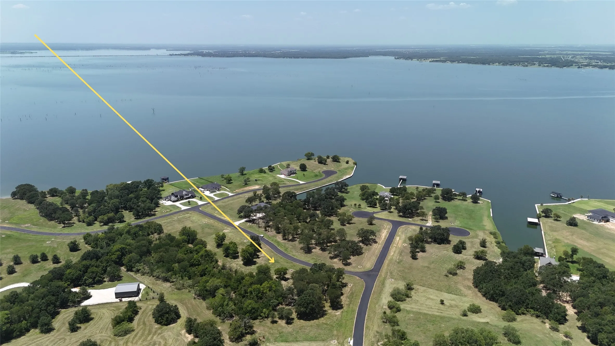 High-altitude panorama of the Admiral Shores peninsula projecting into Richland-Chambers Lake.