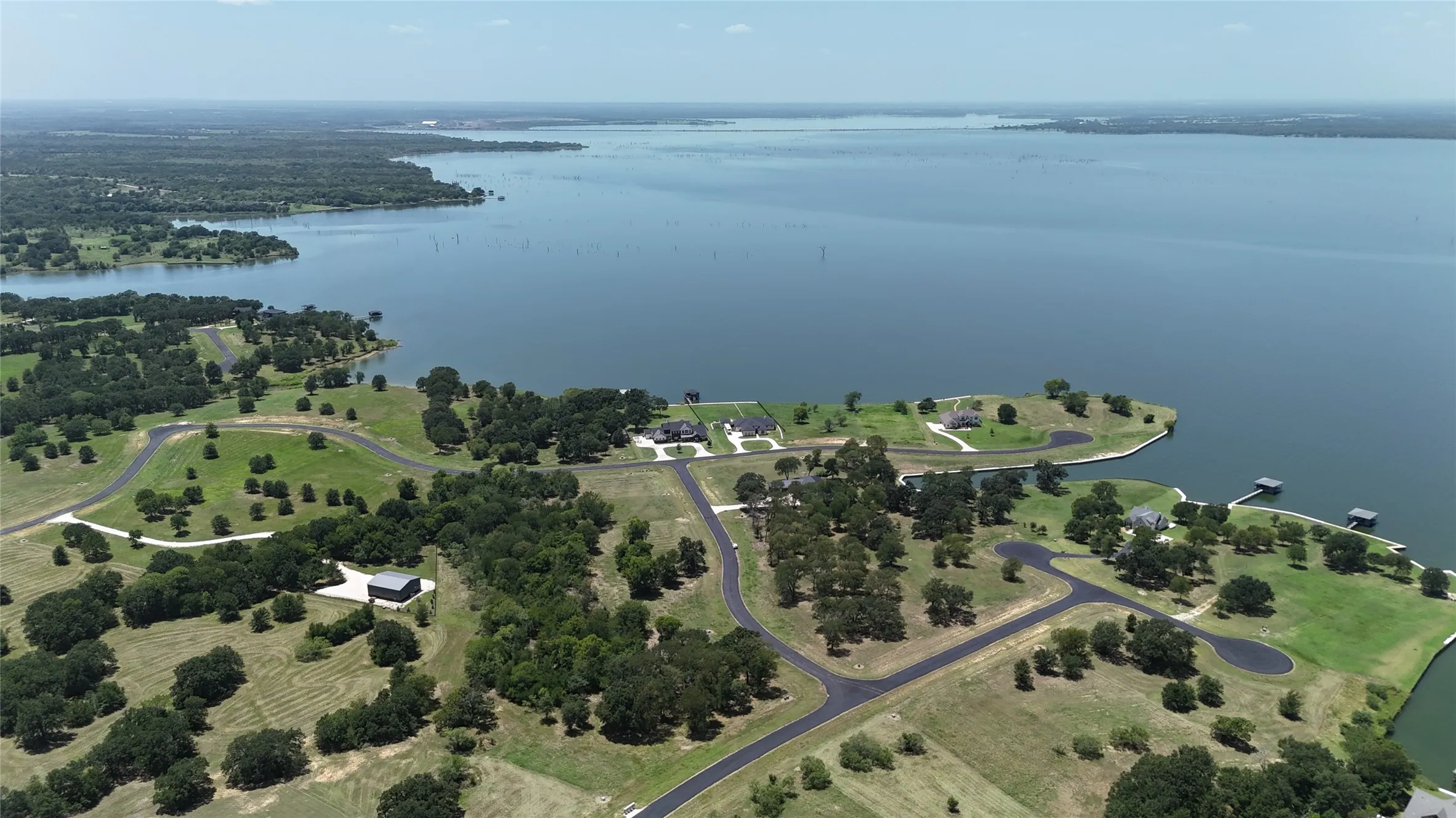 Aerial perspective showcasing the tranquil rural environment surrounding Richland-Chambers Reservoir.