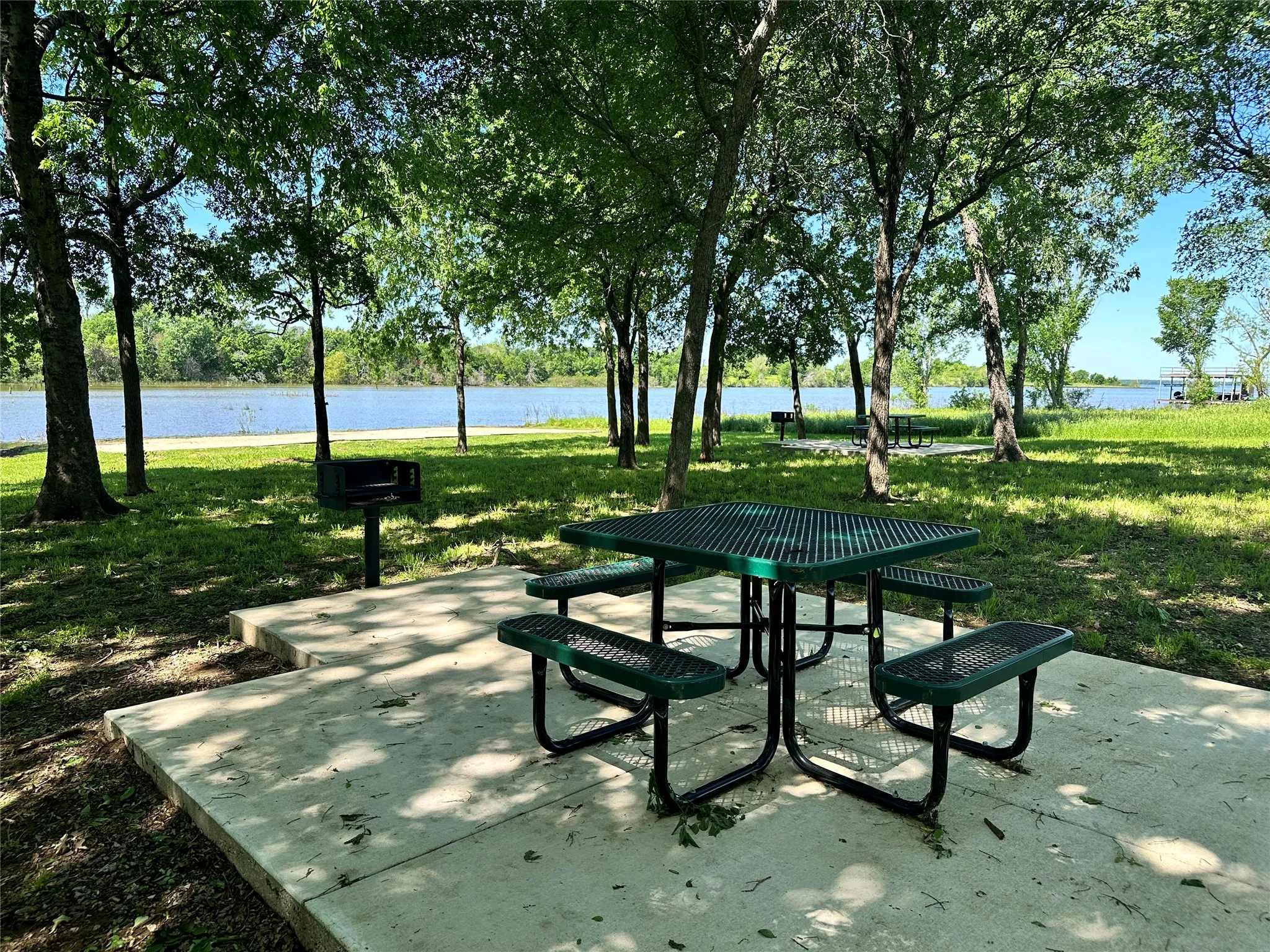 Park-like setting with shaded picnic tables and grills for waterfront gatherings.