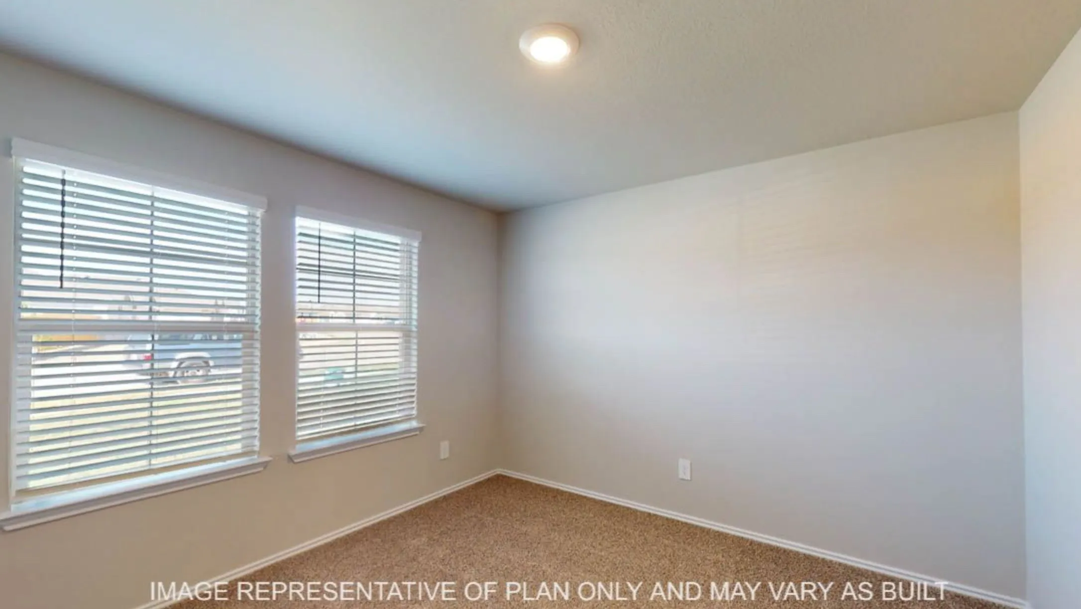 Carpeted interior room featuring two windows with blinds, white trim, and a ceiling-mounted light fixture
