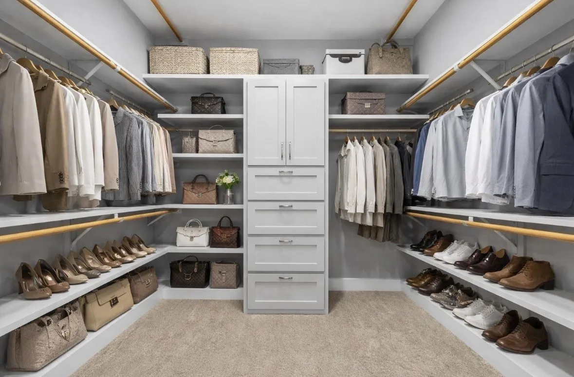 Customizable walk-in closet featuring light grey cabinetry and shelving, multiple hanging rods, dedicated shoe storage, and soft carpet flooring
