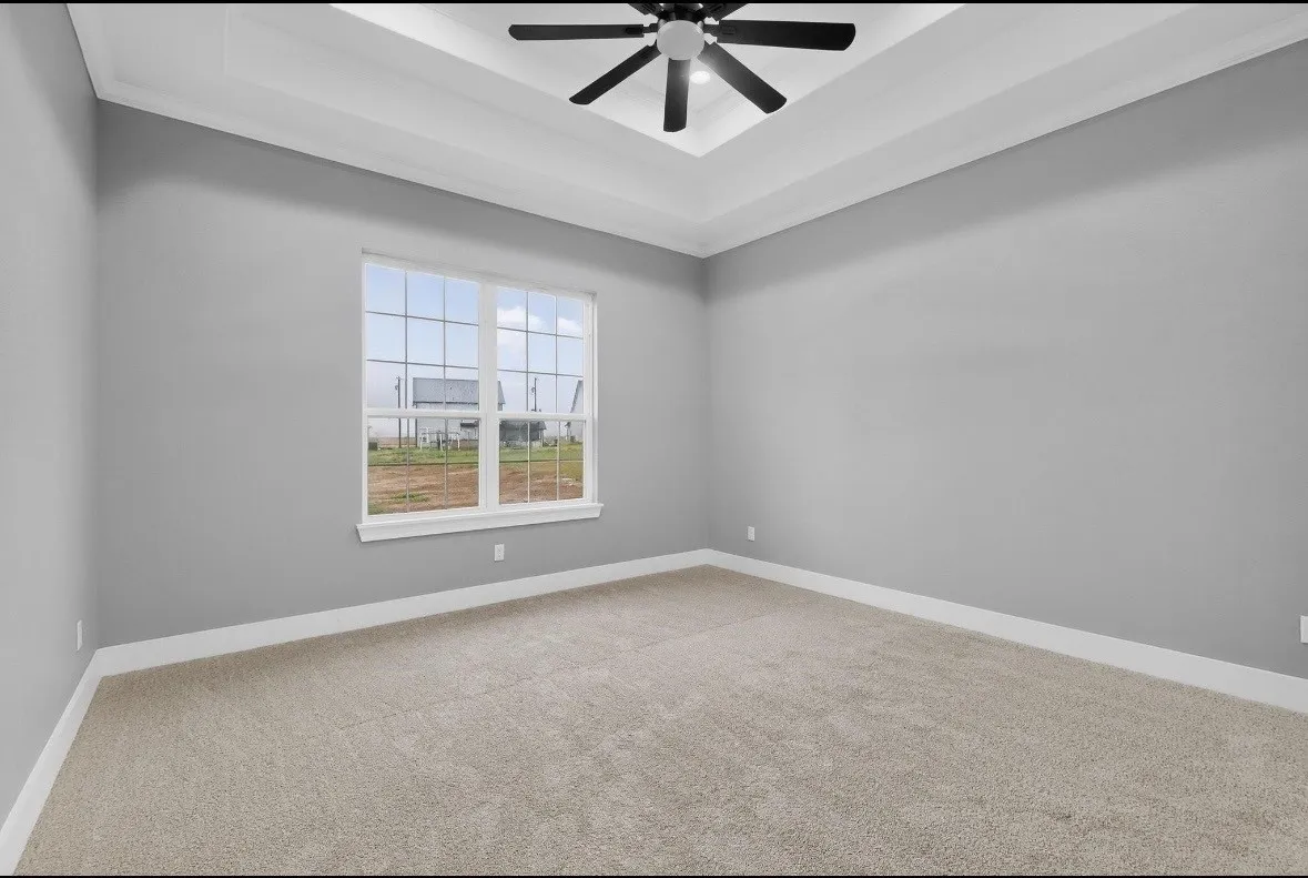 Spacious room featuring neutral carpeting, light gray walls, a tray ceiling with crown molding, and a ceiling fan