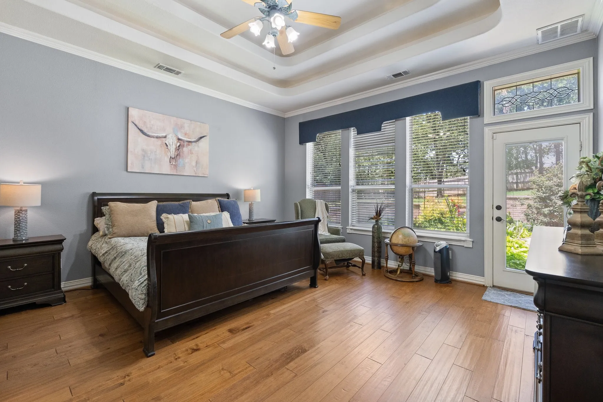 Double trayed ceiling with mood lighting and private entry to the patio