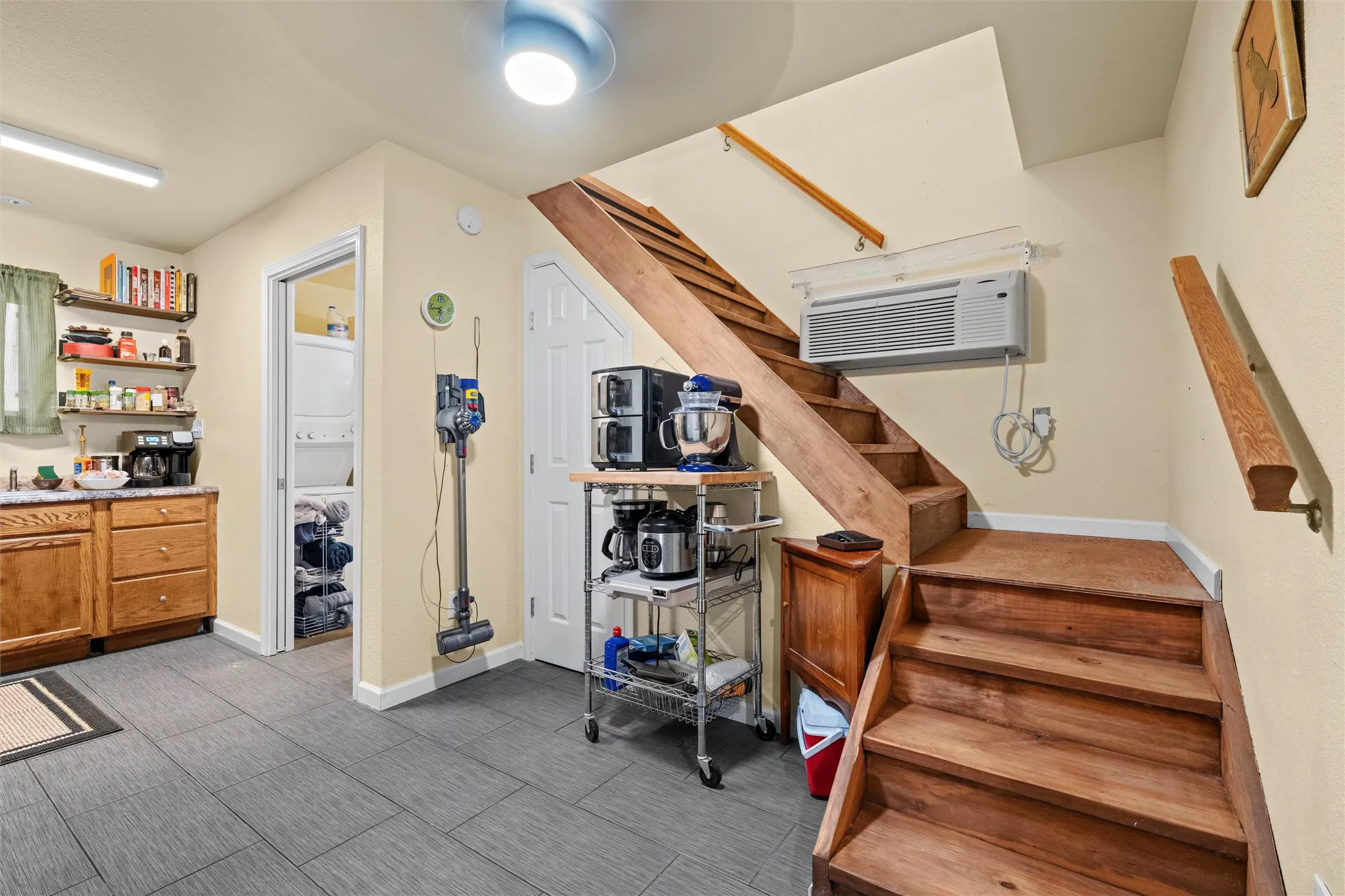 Wood-finish stairs with matching handrails