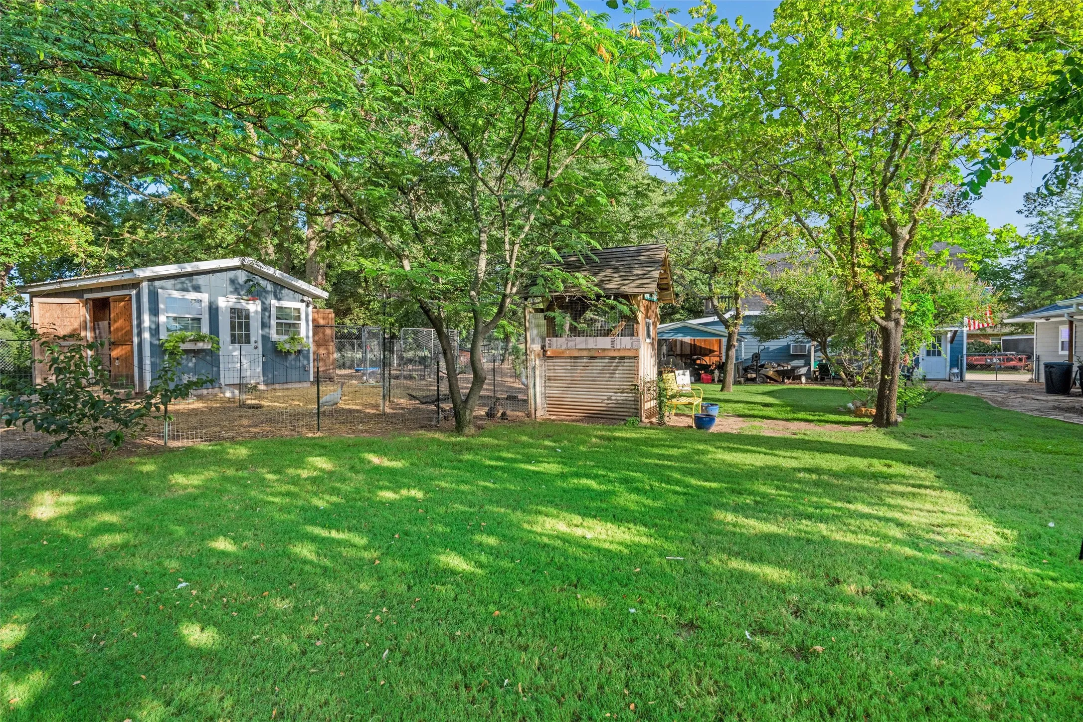Expansive green lawn with mature trees and a detached shed