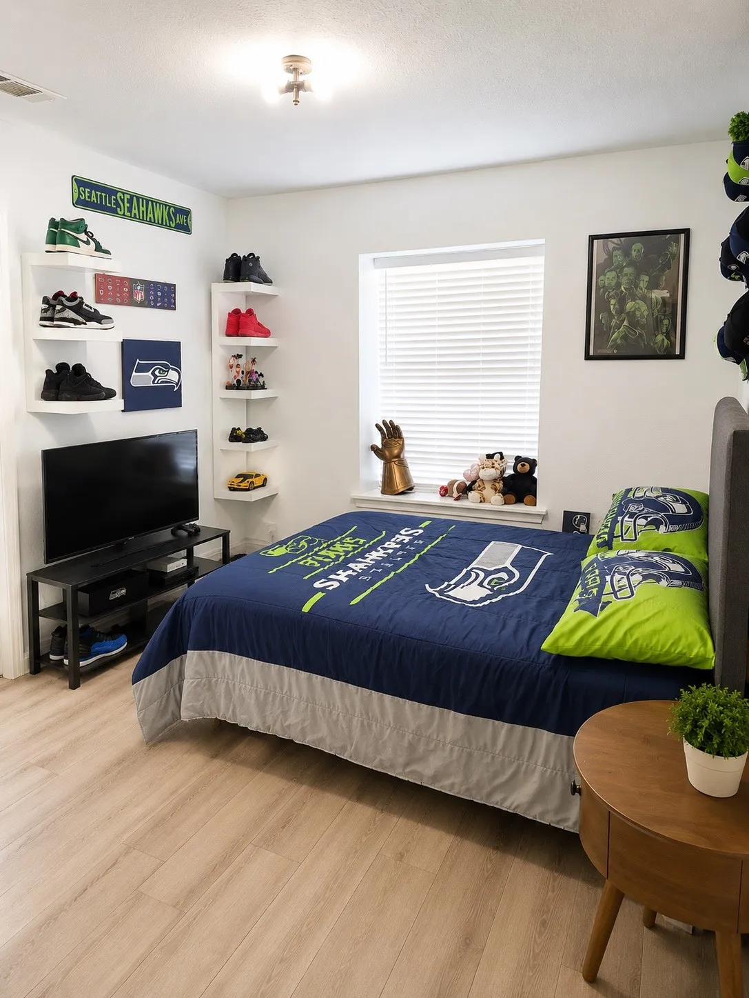 Bedroom with light wood-finish flooring, white walls, and a window featuring horizontal blinds