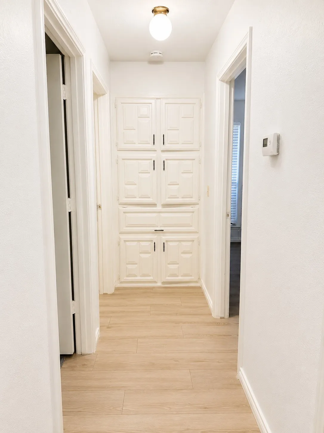 Hallway featuring built-in cabinetry with paneling, wood-finish flooring, and a flush-mount ceiling light fixture
