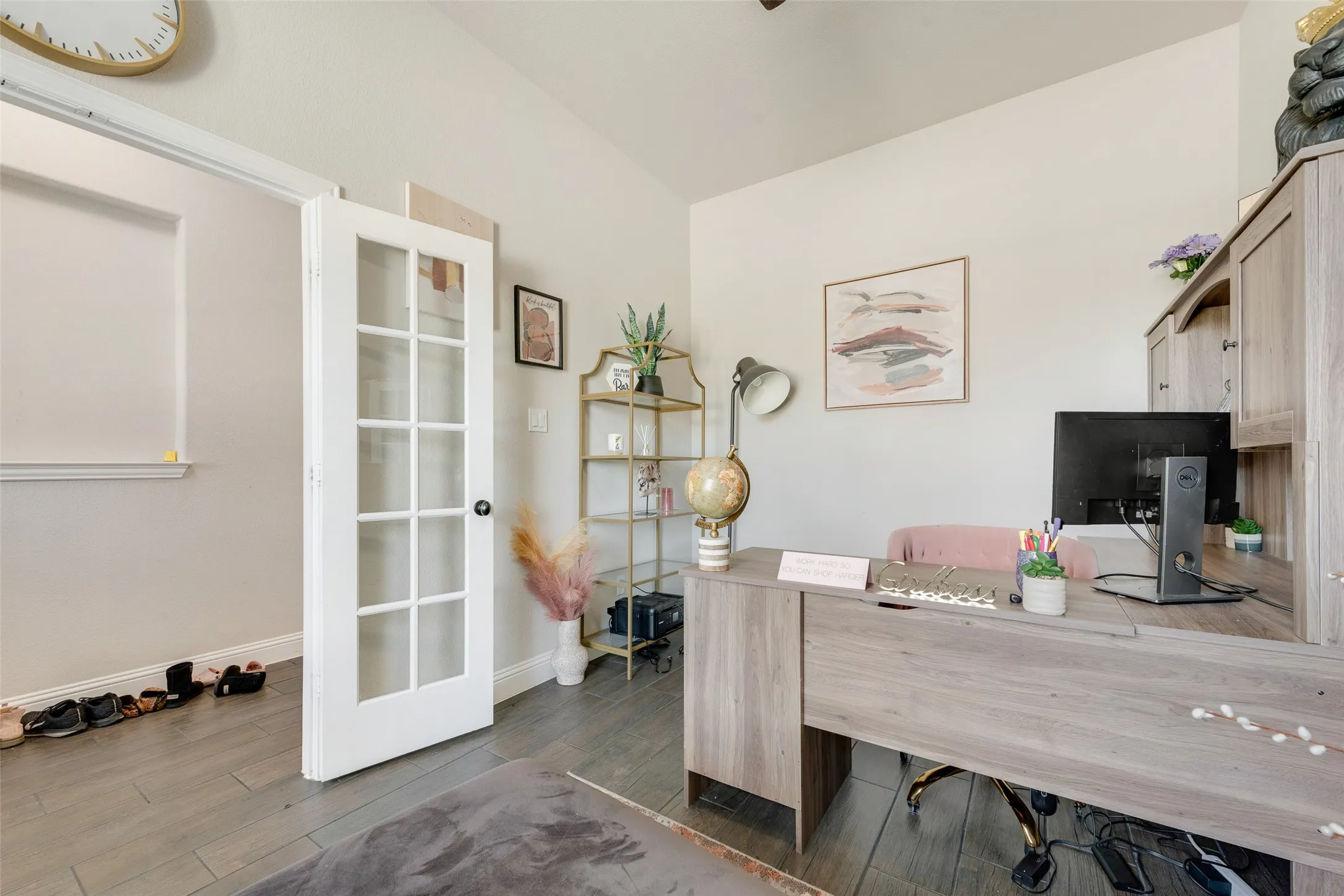 Office or Bedroom with dark wood-type flooring and baseboards