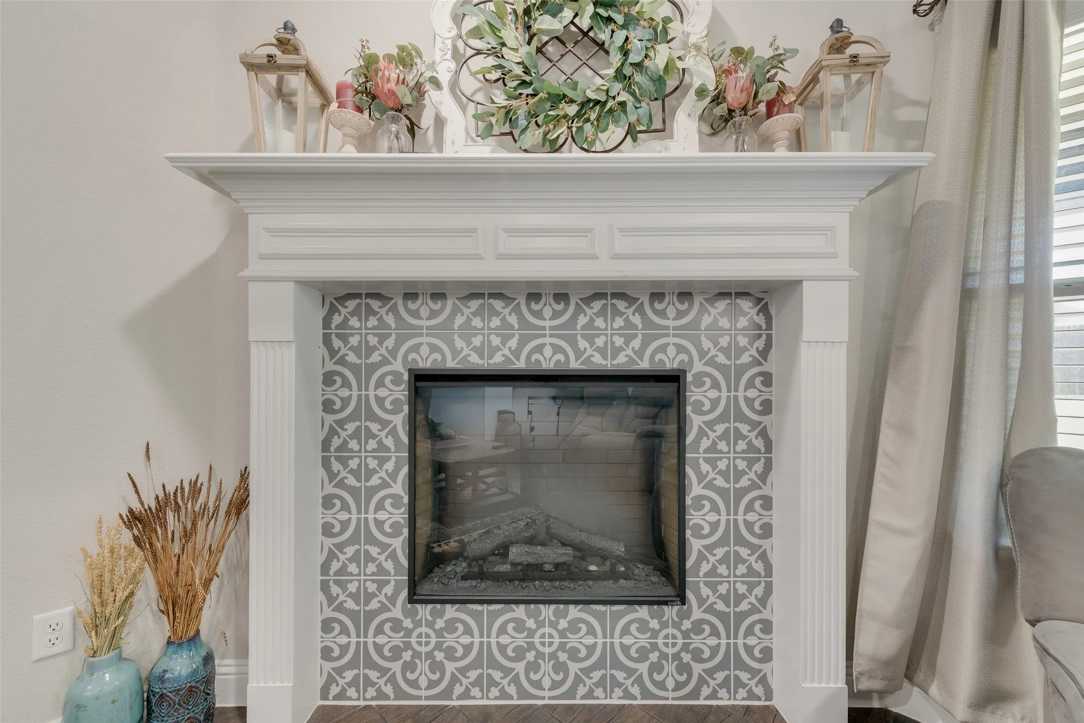 Detailed view of a tiled fireplace