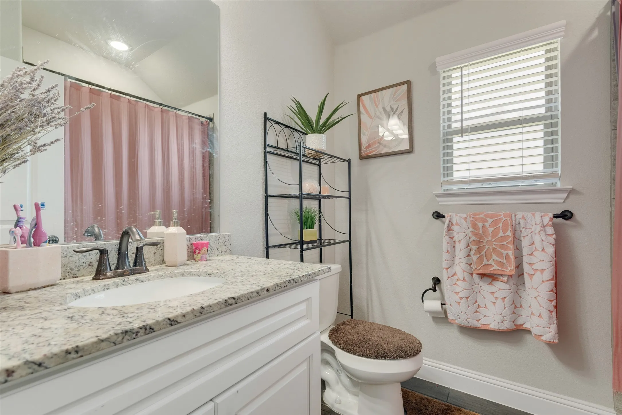 Bathroom featuring vanity and a shower with shower curtain