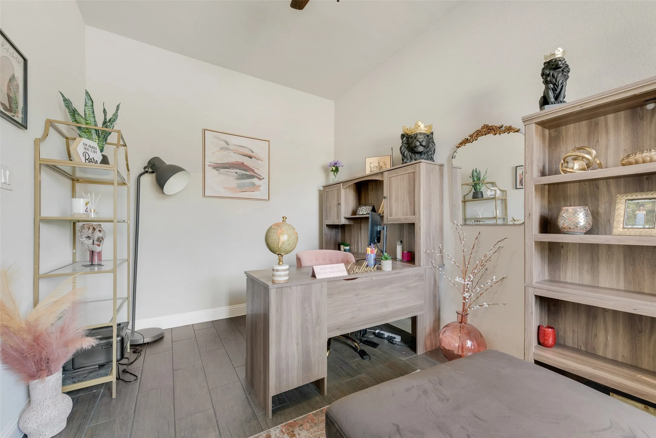 Office area or bedroom with vaulted ceiling and dark wood finished floors