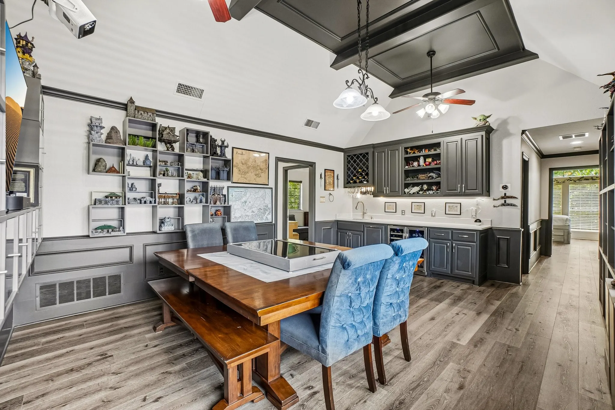 Game room on second level with a built-in wet bar