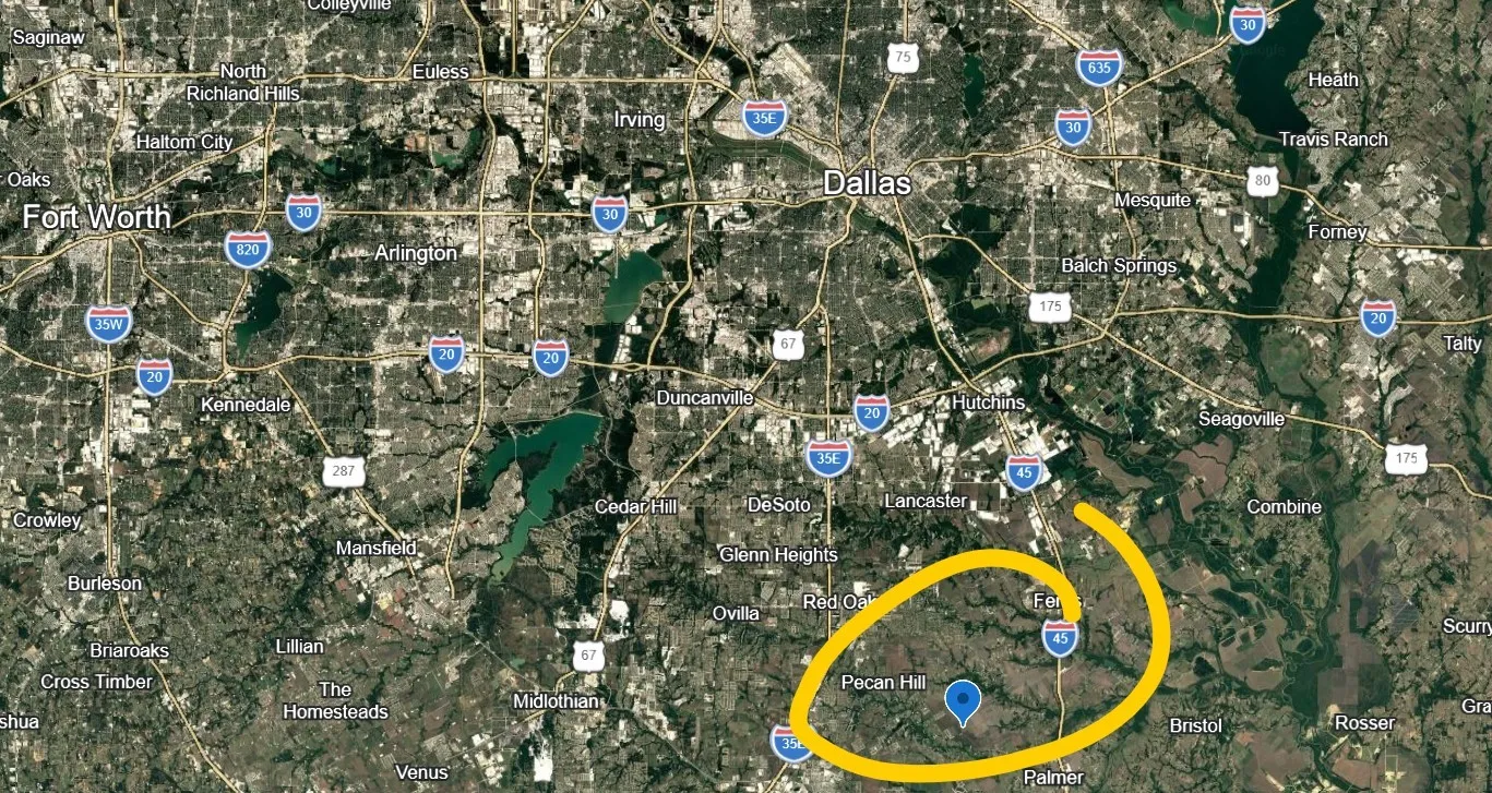 Aerial Map. Indicating the geographic location of the property within the broader Dallas-Fort Worth area