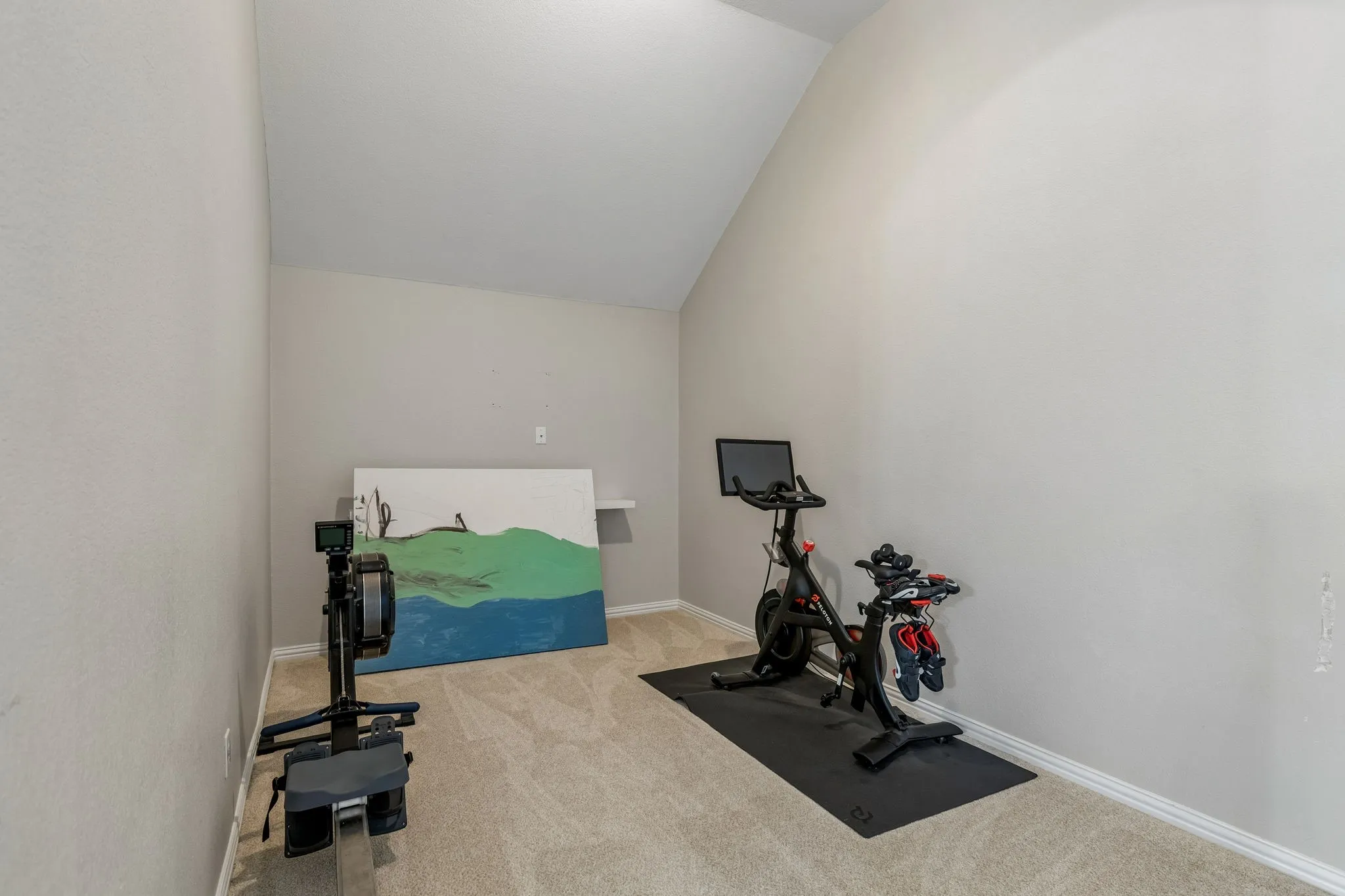 Flex space (ideal for media room) being used as home gym.