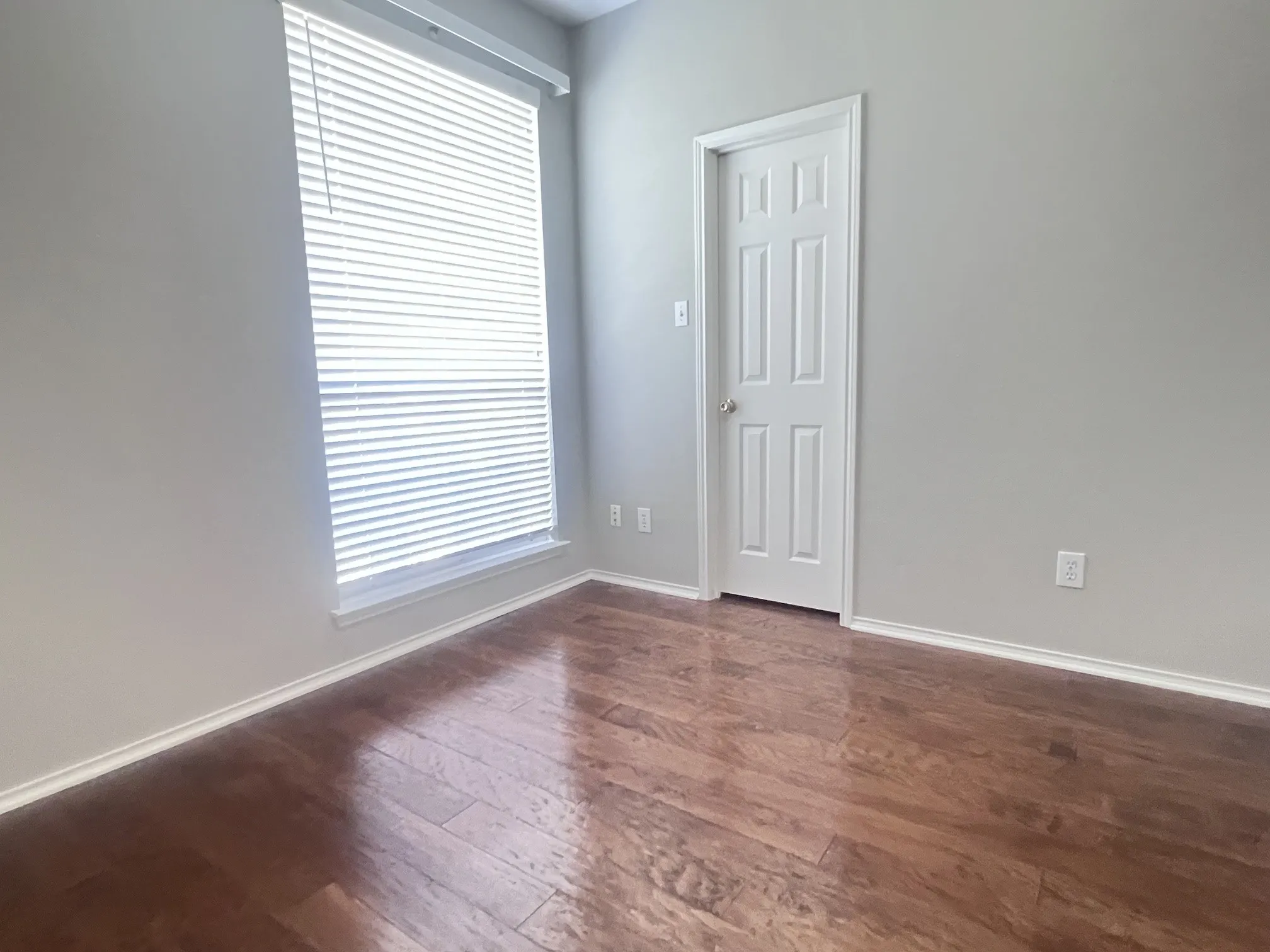 Room featuring wood-finish flooring, a large window with blinds, and light gray painted walls