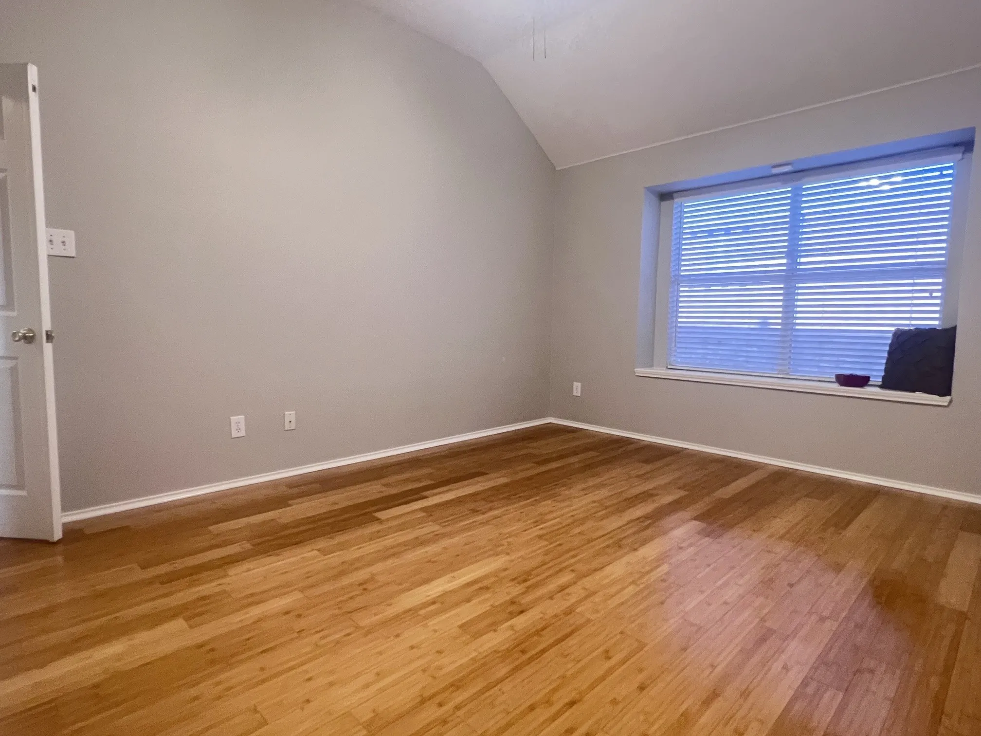 Spacious room featuring vaulted ceilings, light wood-finish flooring, a window with horizontal blinds, and a white trim package