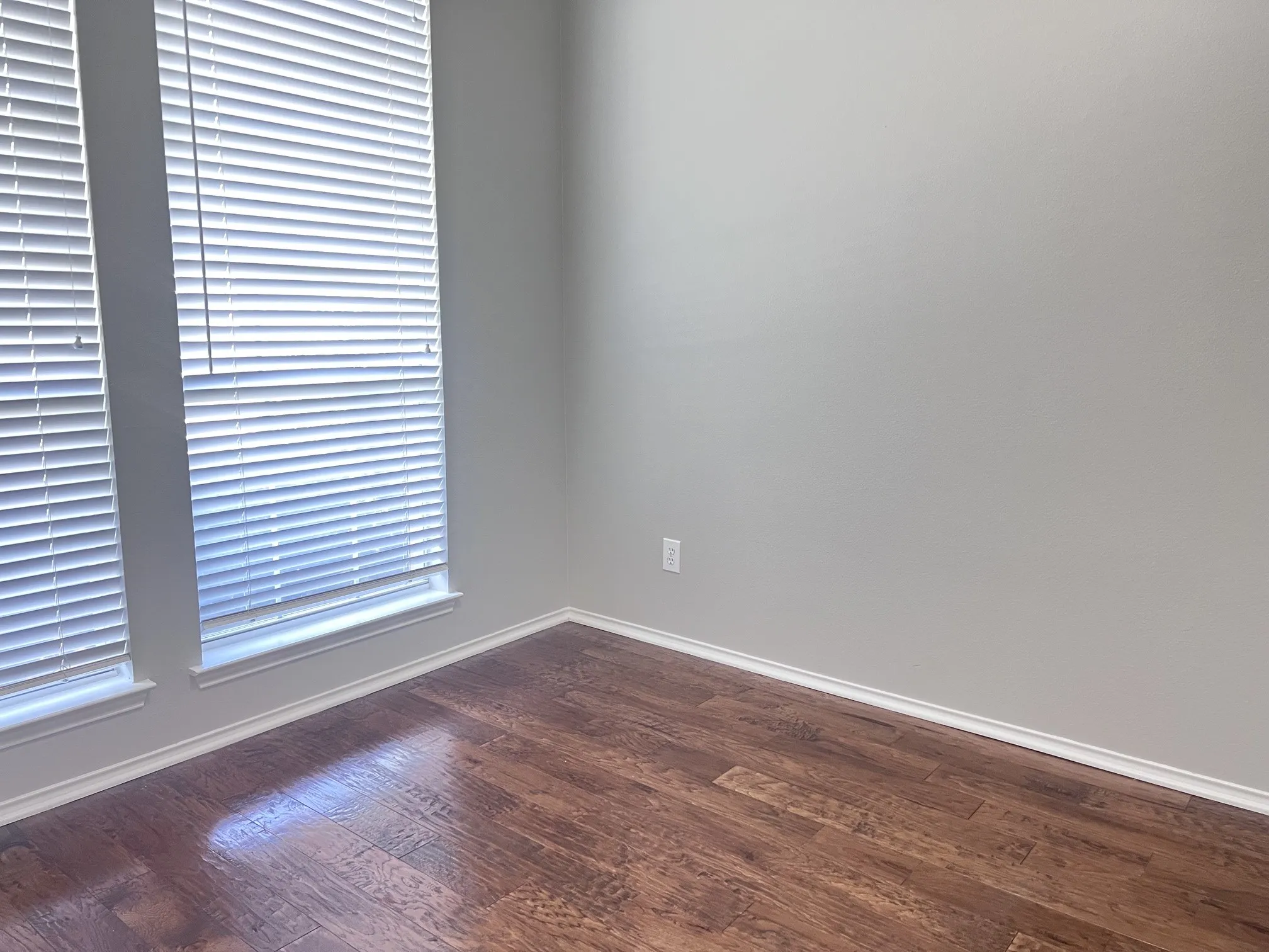 Room featuring wood-finish flooring, light grey walls, white baseboards, and two windows with white blinds