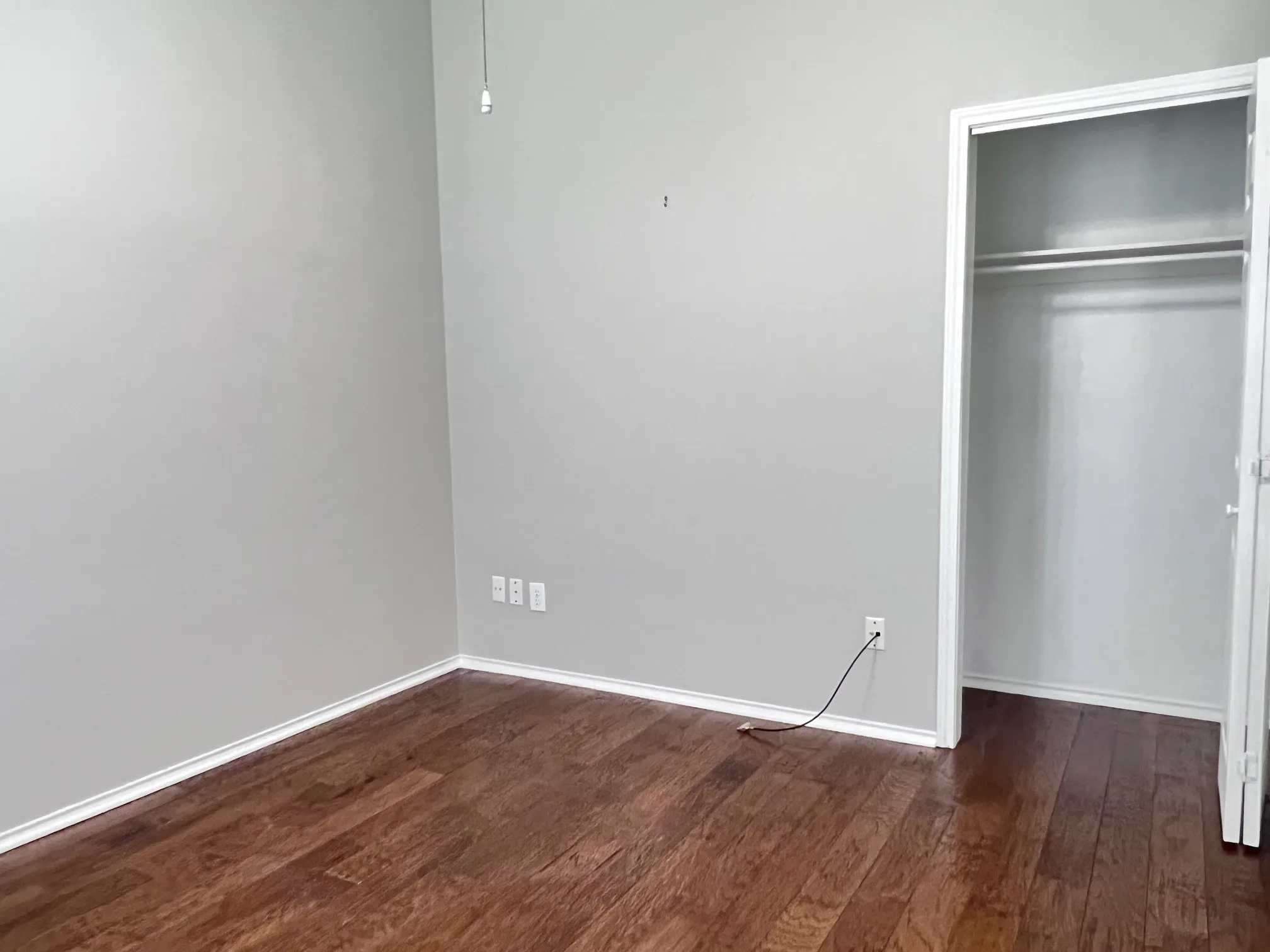Interior room featuring rich wood-finish flooring, light gray walls, and white trim