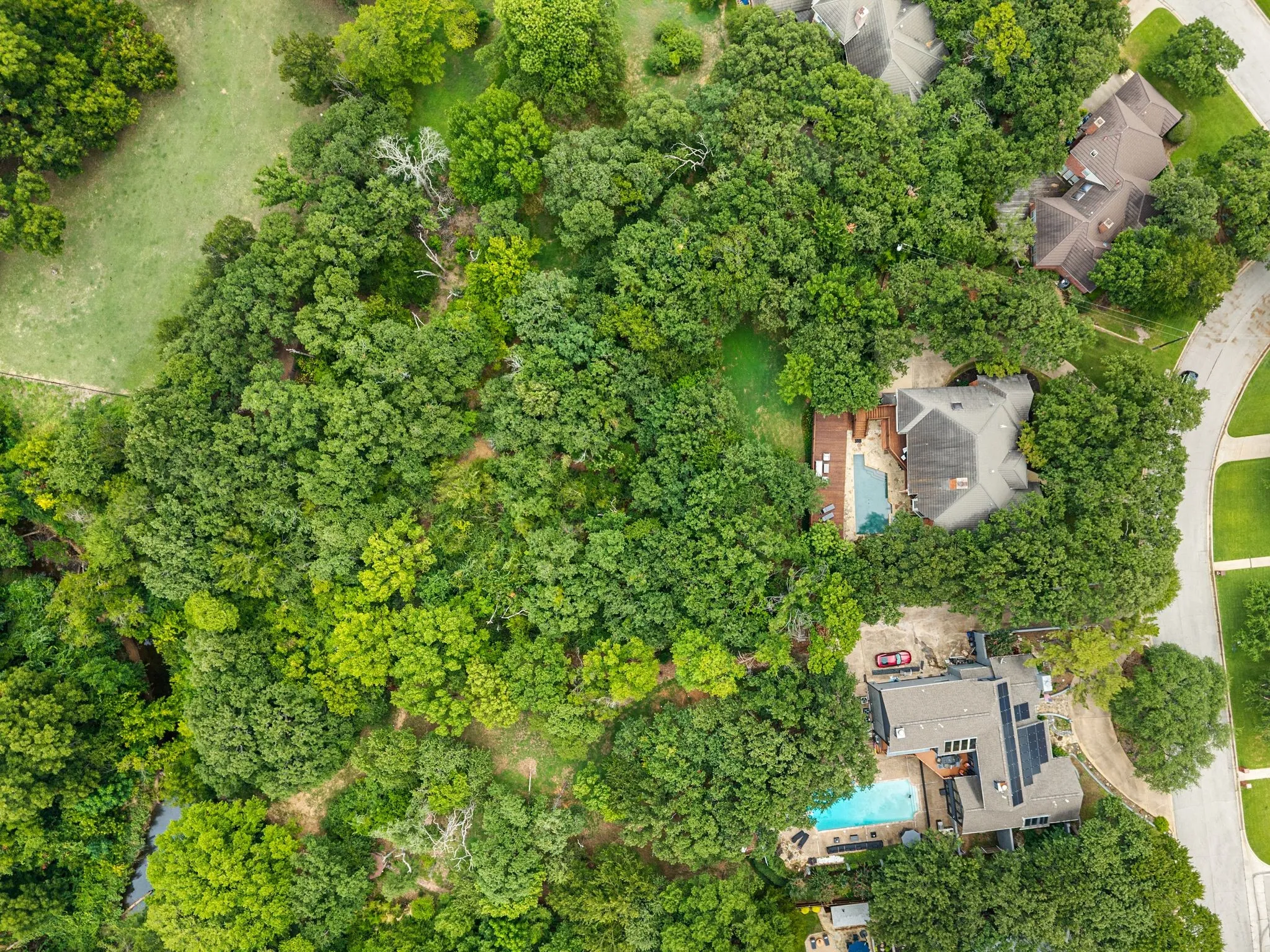 Expansive treed lot featuring a private backyard with a swimming pool and a multi-level deck