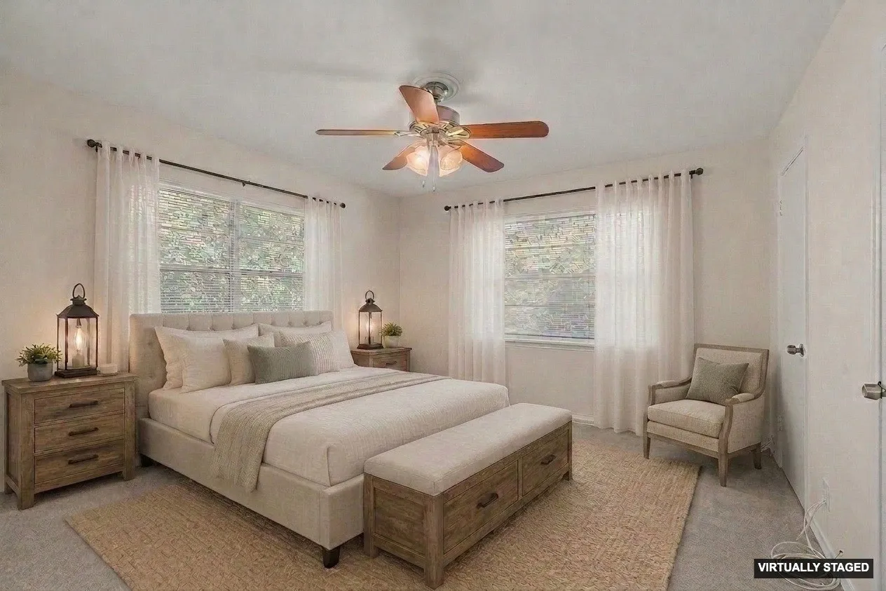 Virtually staged with furniture to show perspective.