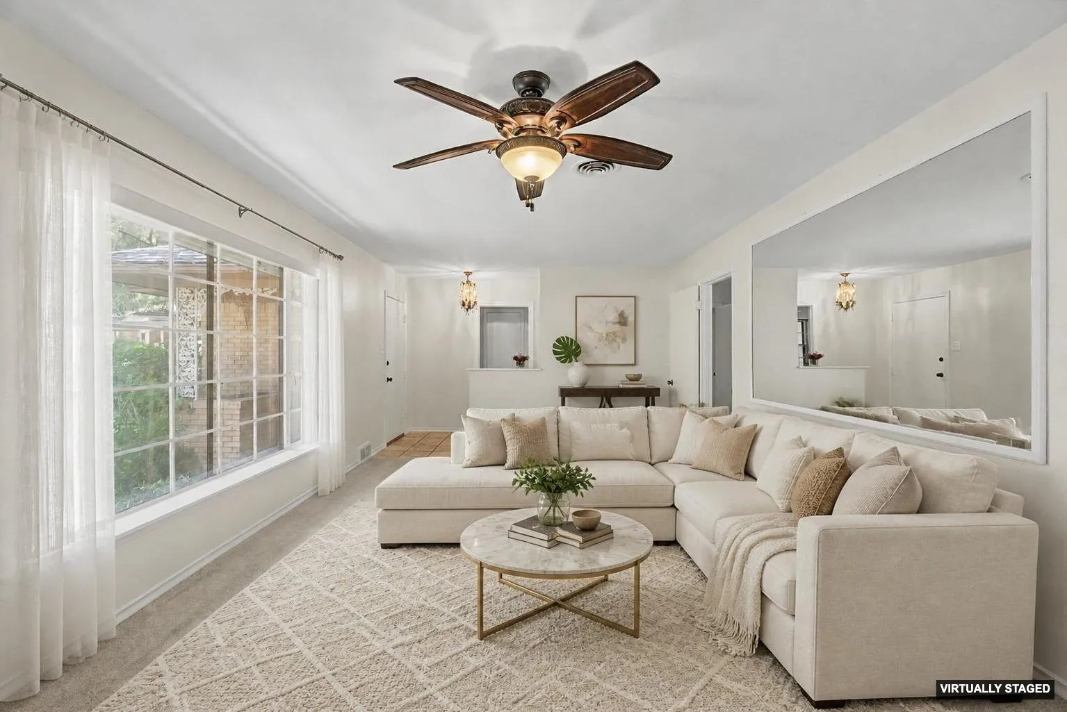 Virtually staged with furniture to show perspective.