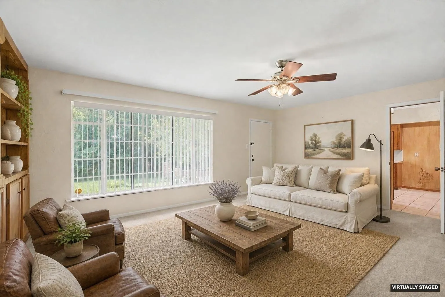 Virtually staged with furniture to show perspective.