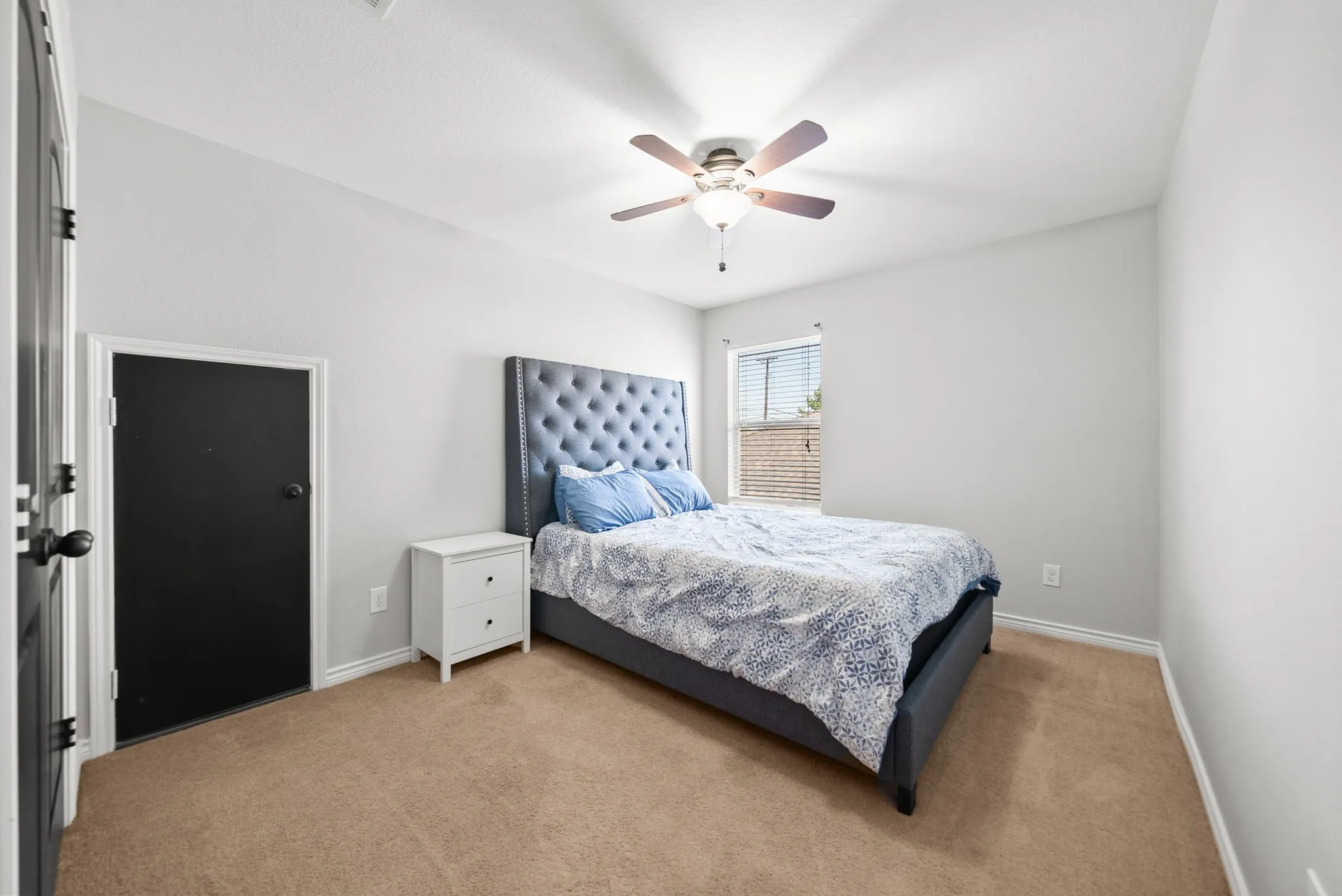 Carpeted room with a ceiling fan, light-toned walls, and white trim