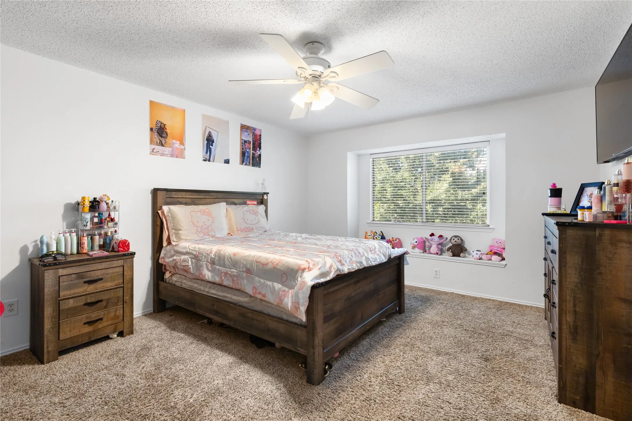 Carpeted room featuring a ceiling fan with integrated lighting, a broad window with blinds, and a built-in window ledge