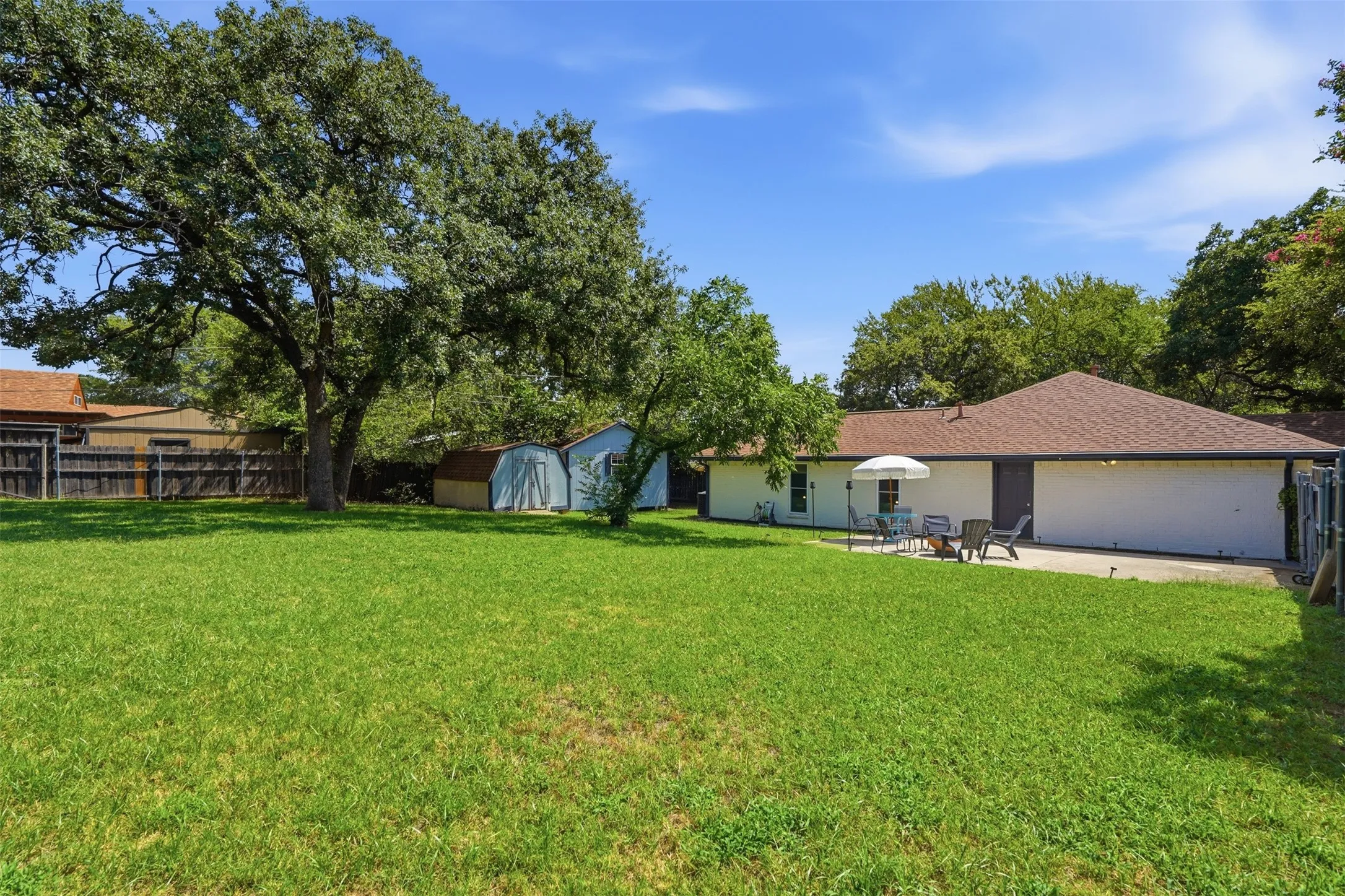 Large backyard with extended driveway and gated parking for RV's, boats, trailers. Currently used for outdoor living.