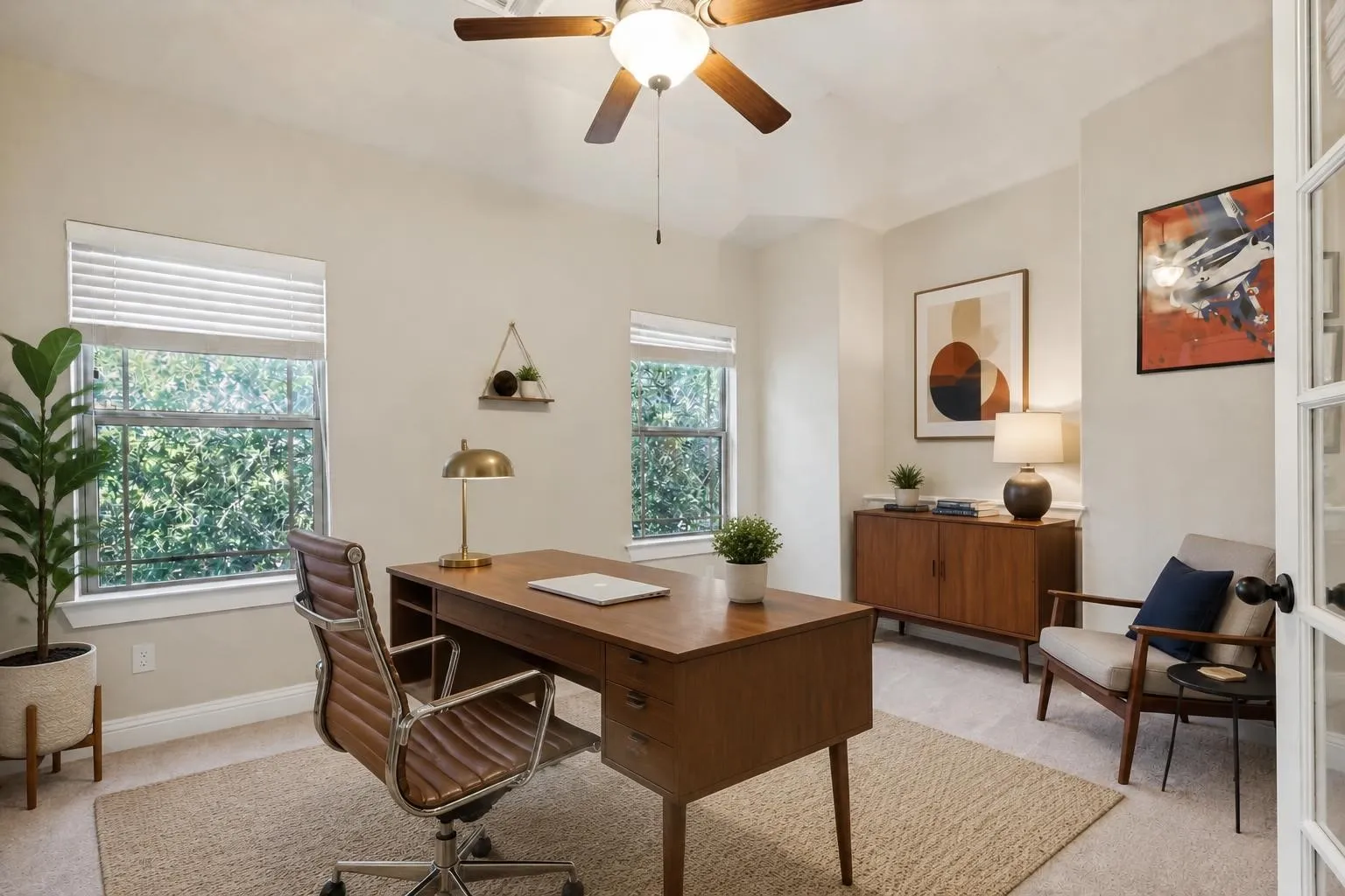 Bedroom virtually staged as office