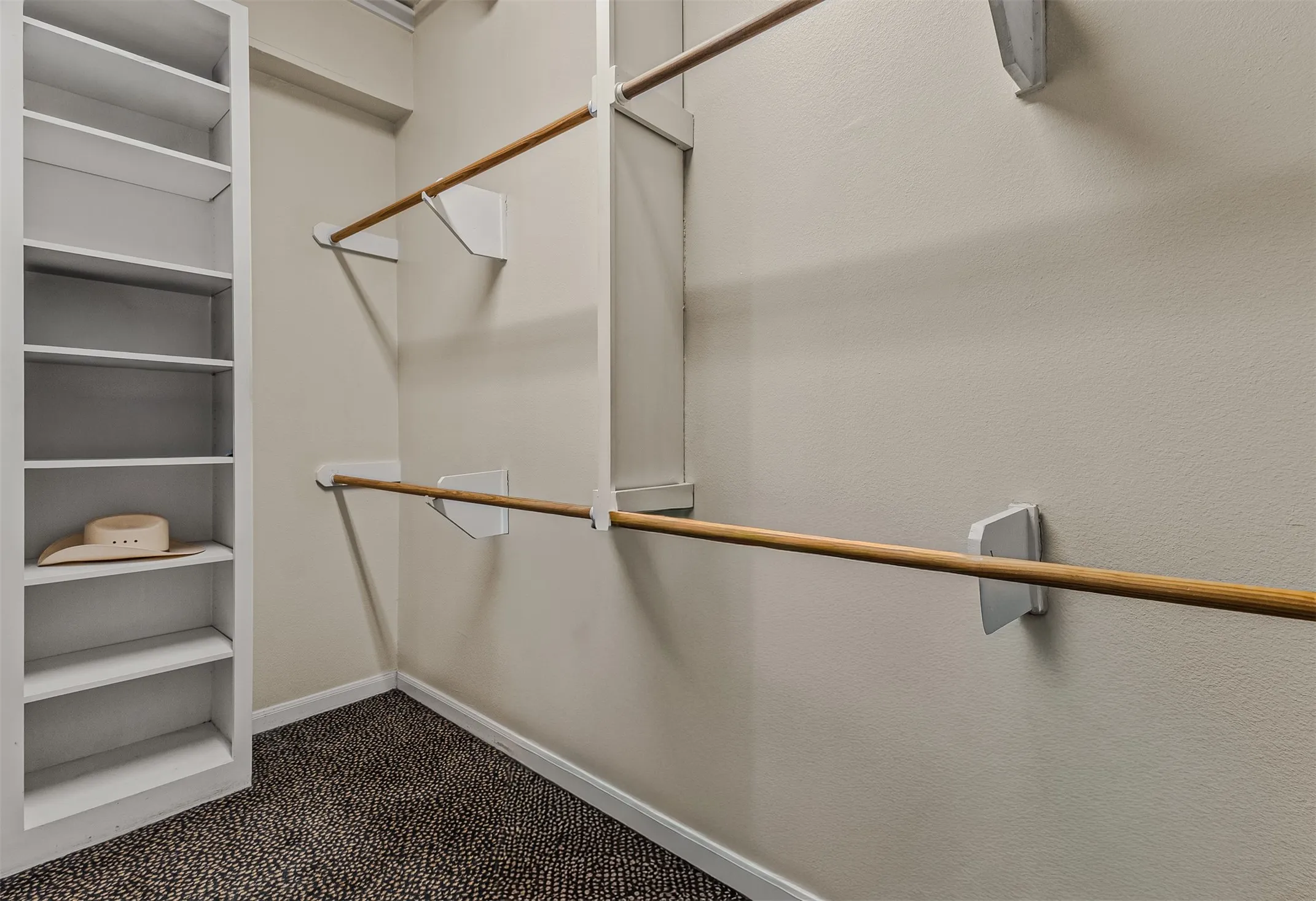 Walk-in closet featuring built-in shelving, dual hanging rods, light-toned walls, contrasting trim, and textured carpet flooring
