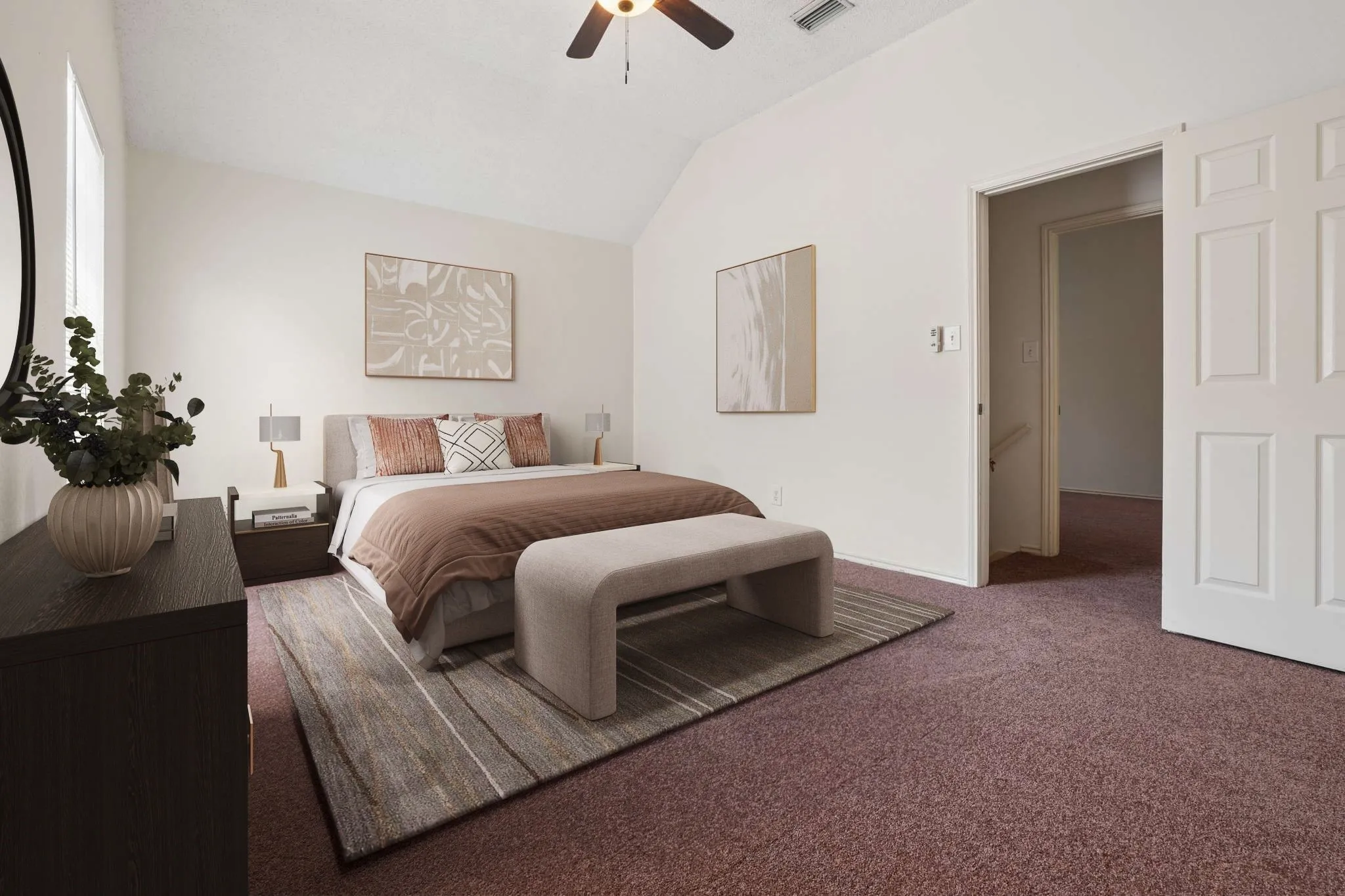 Vaulted ceiling bedroom featuring neutral wall tones, a ceiling fan, plush carpeting, and a six-panel interior door