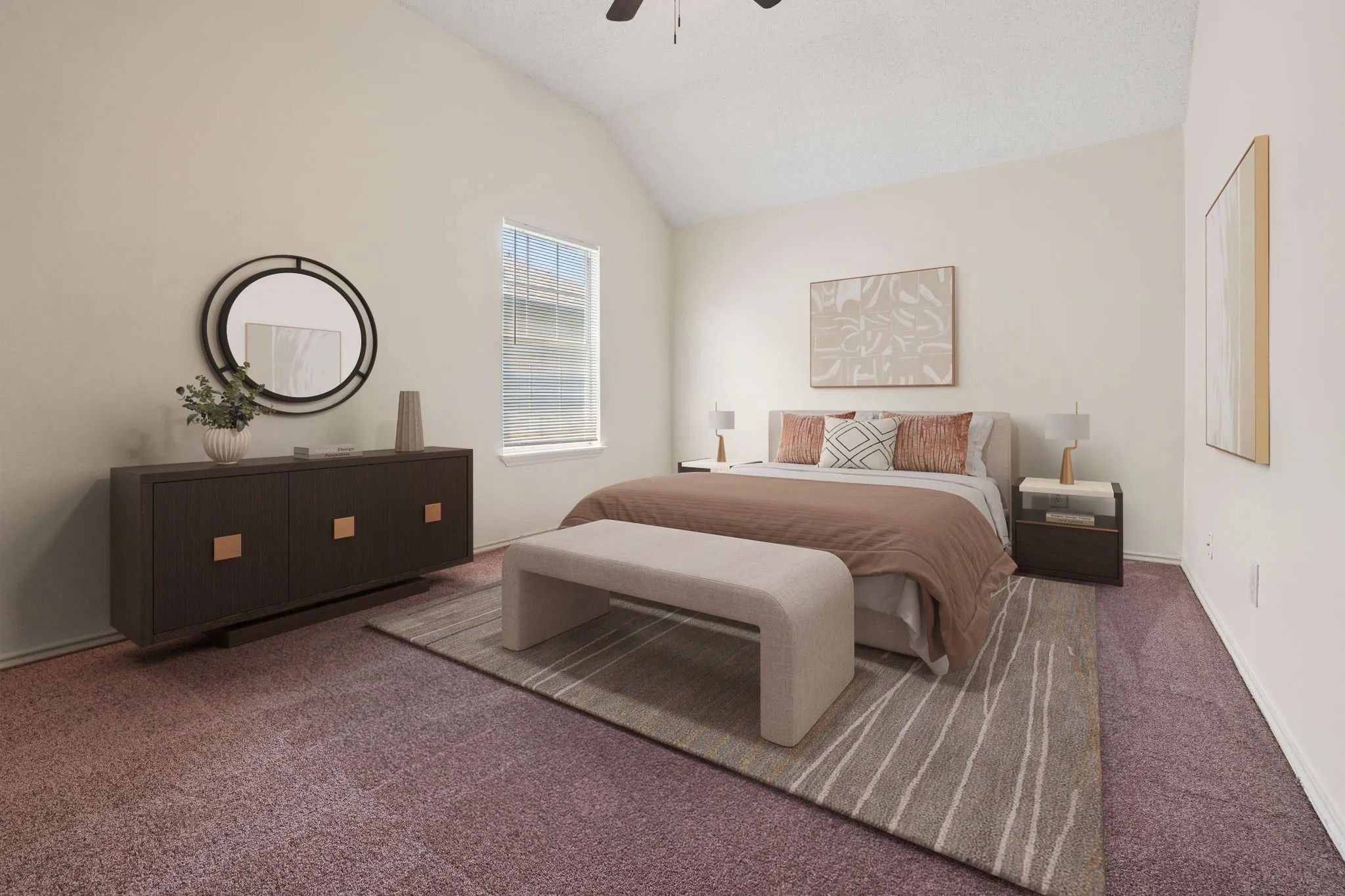 Spacious room featuring vaulted ceilings, a window with blinds, and soft carpet flooring