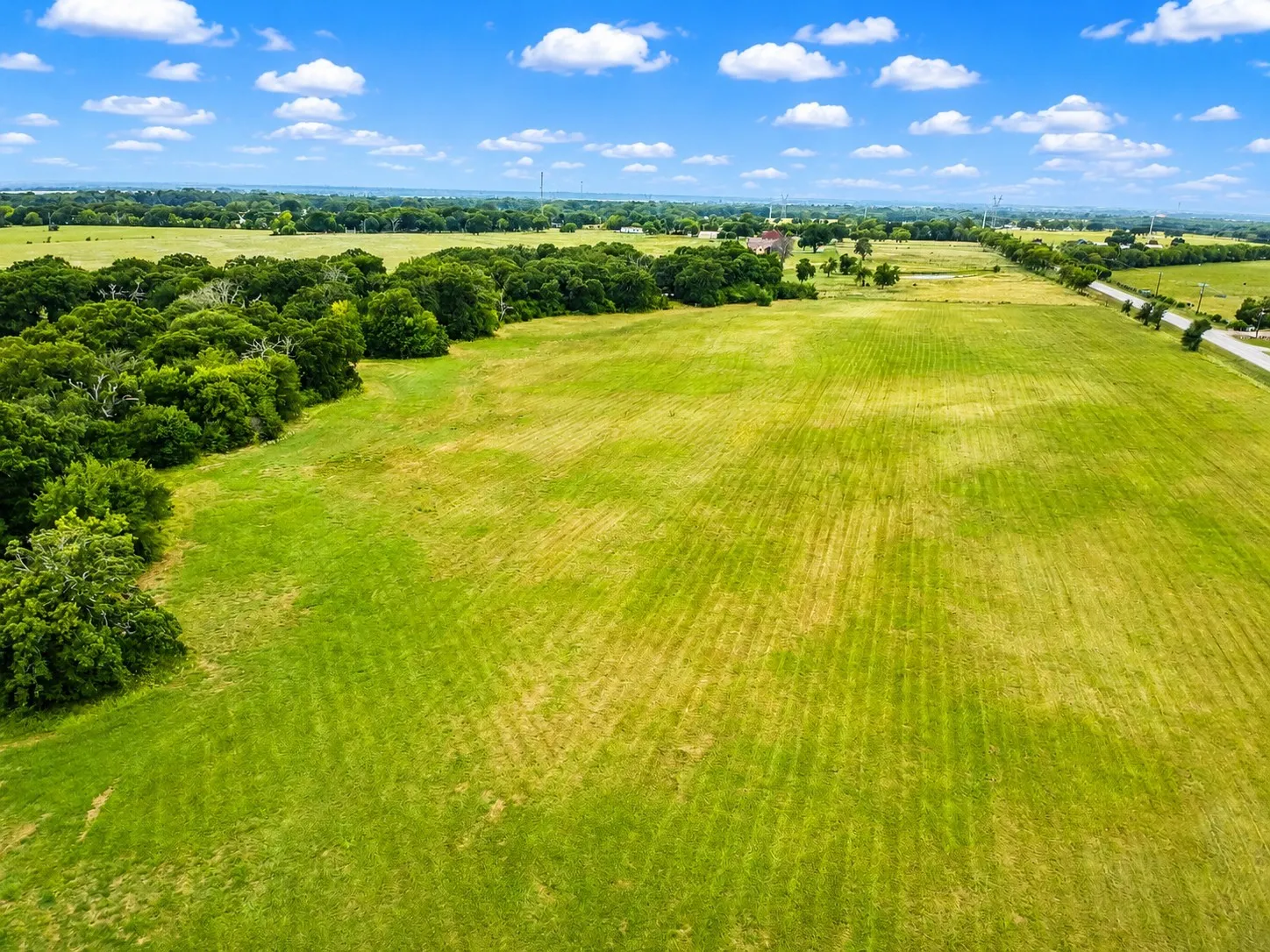 Expansive green acreage with mature tree lines defining a portion of the property boundary